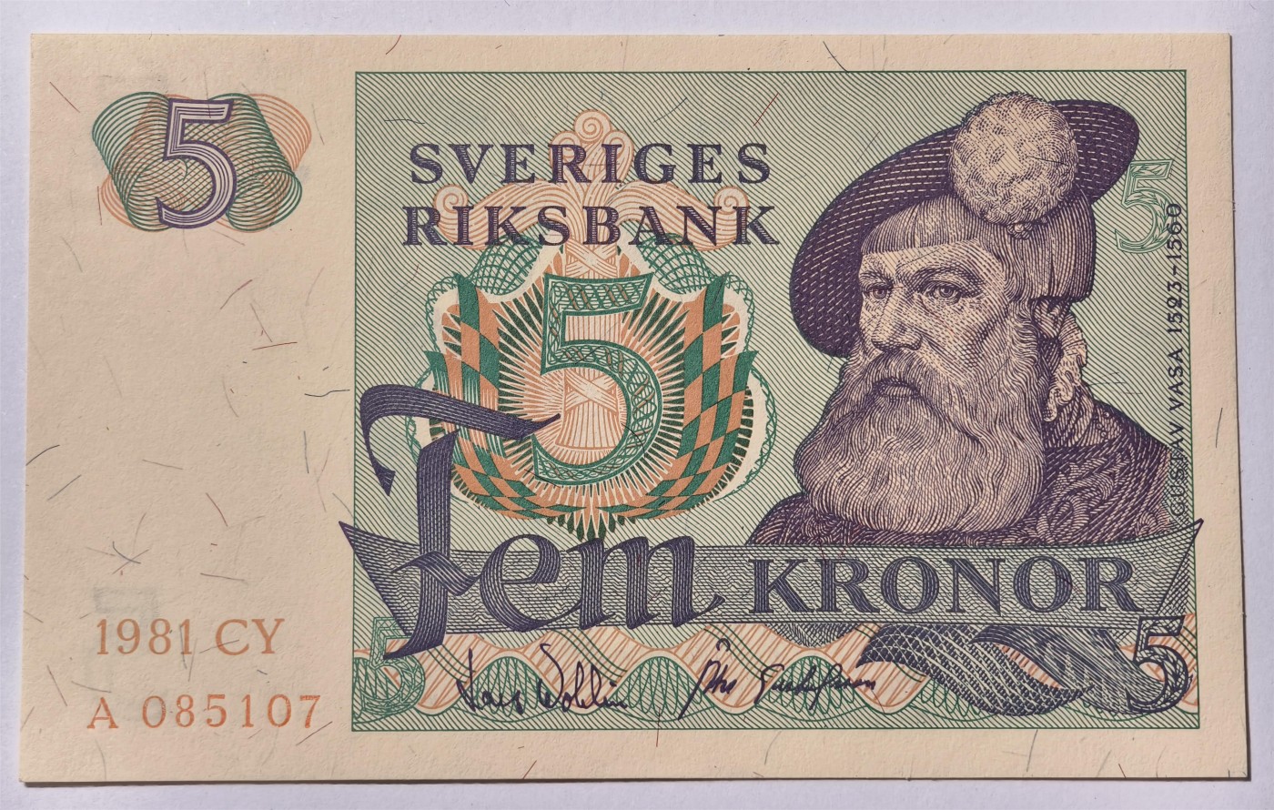 紫瑗钱币——第333期拍卖——纸币场 瑞典 1981年 瑞典银行 古斯塔夫一世 5克朗 浅字 UNC