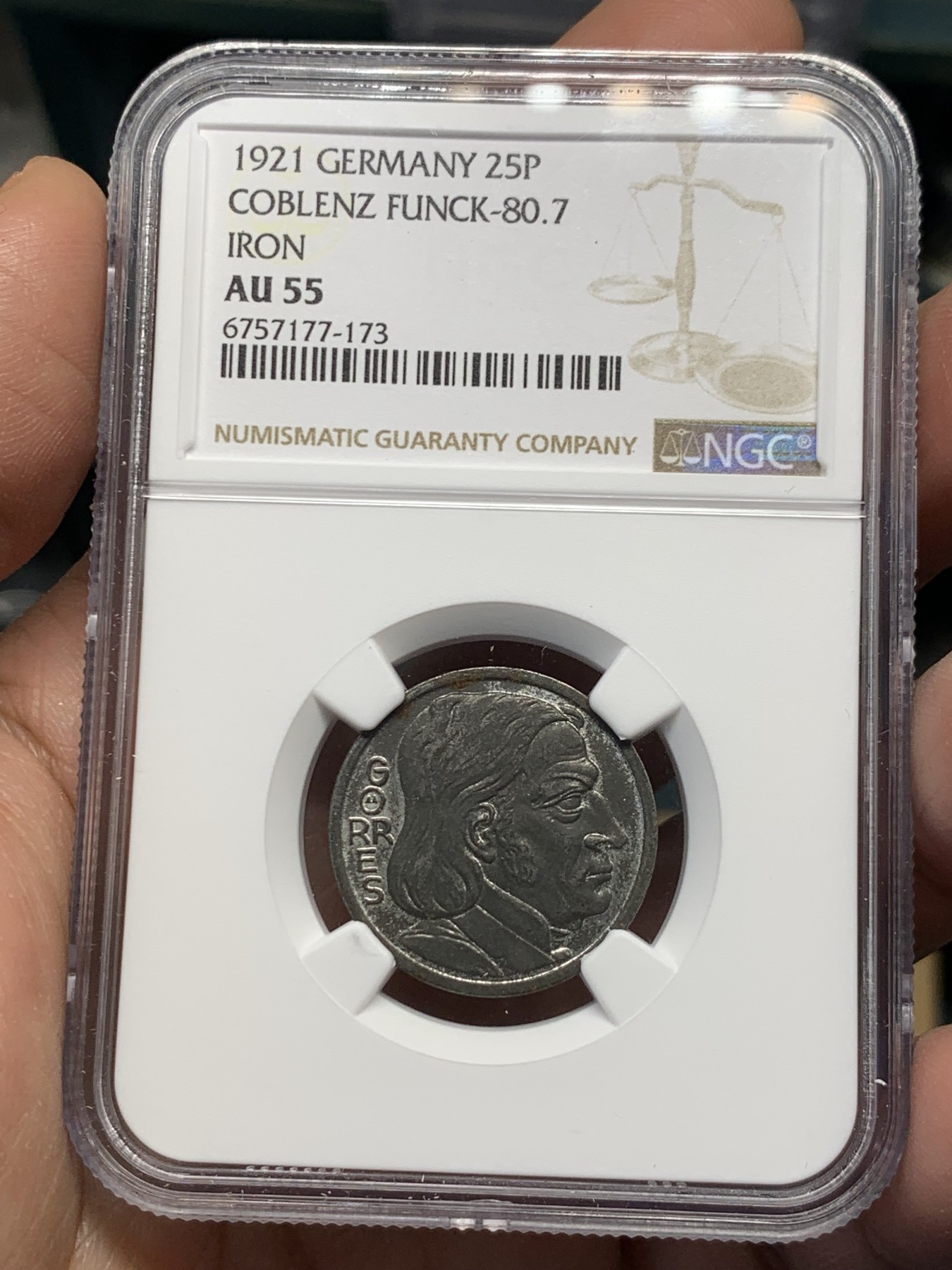 《竞宝斋》第252场-周日，周一2场连拍 (全场包邮) NGC AU55 德紧1921年25芬尼铁币
