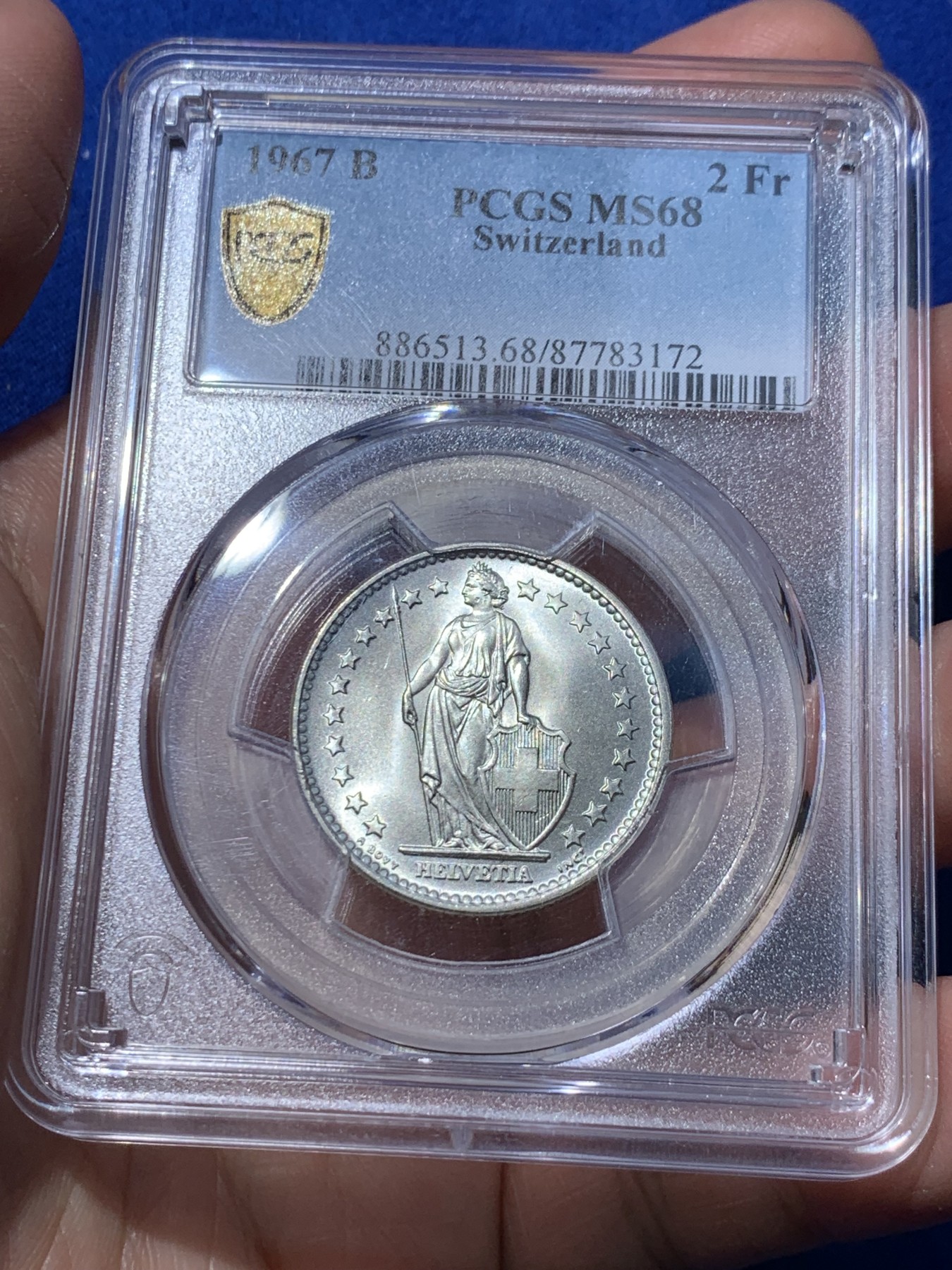 《竞宝斋》第252场-周日，周一2场连拍 (全场包邮) PCGS MS68 1967年瑞士2法郎银币，关门年份，完美品质，光泽丝滑，2法郎极致高分，十分难求