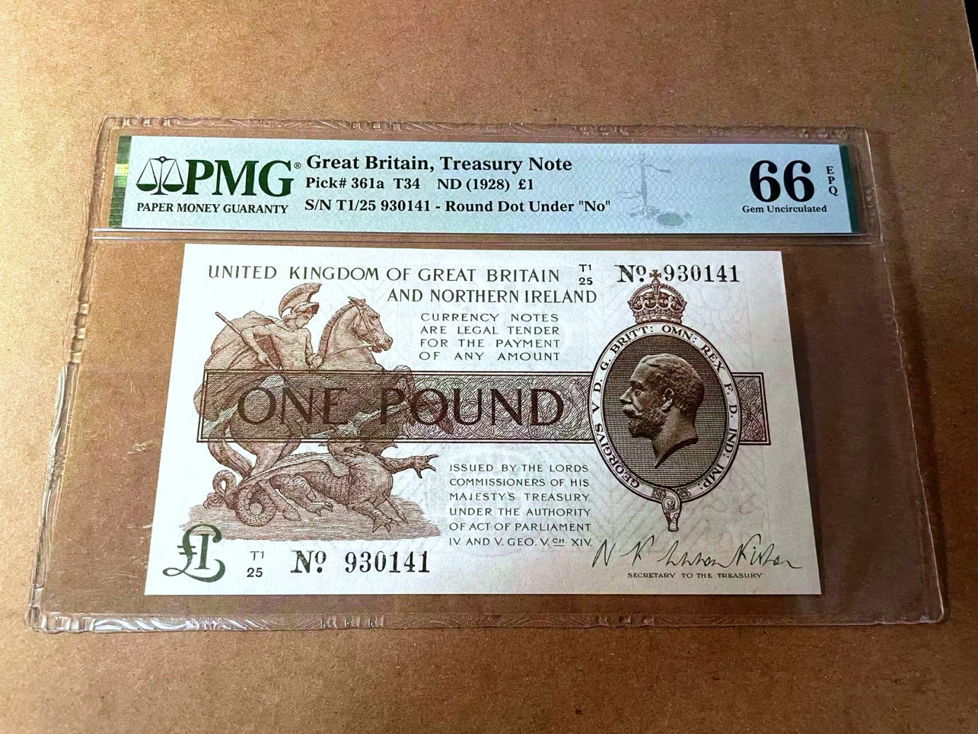 【Blue Auction】✨世界纸币精拍第450期——英伦三岛专场  【p361a】英格兰1928年1镑 PMG66EPQ  高分 乔治五世 经典圣乔治屠龙和威斯敏斯特设计