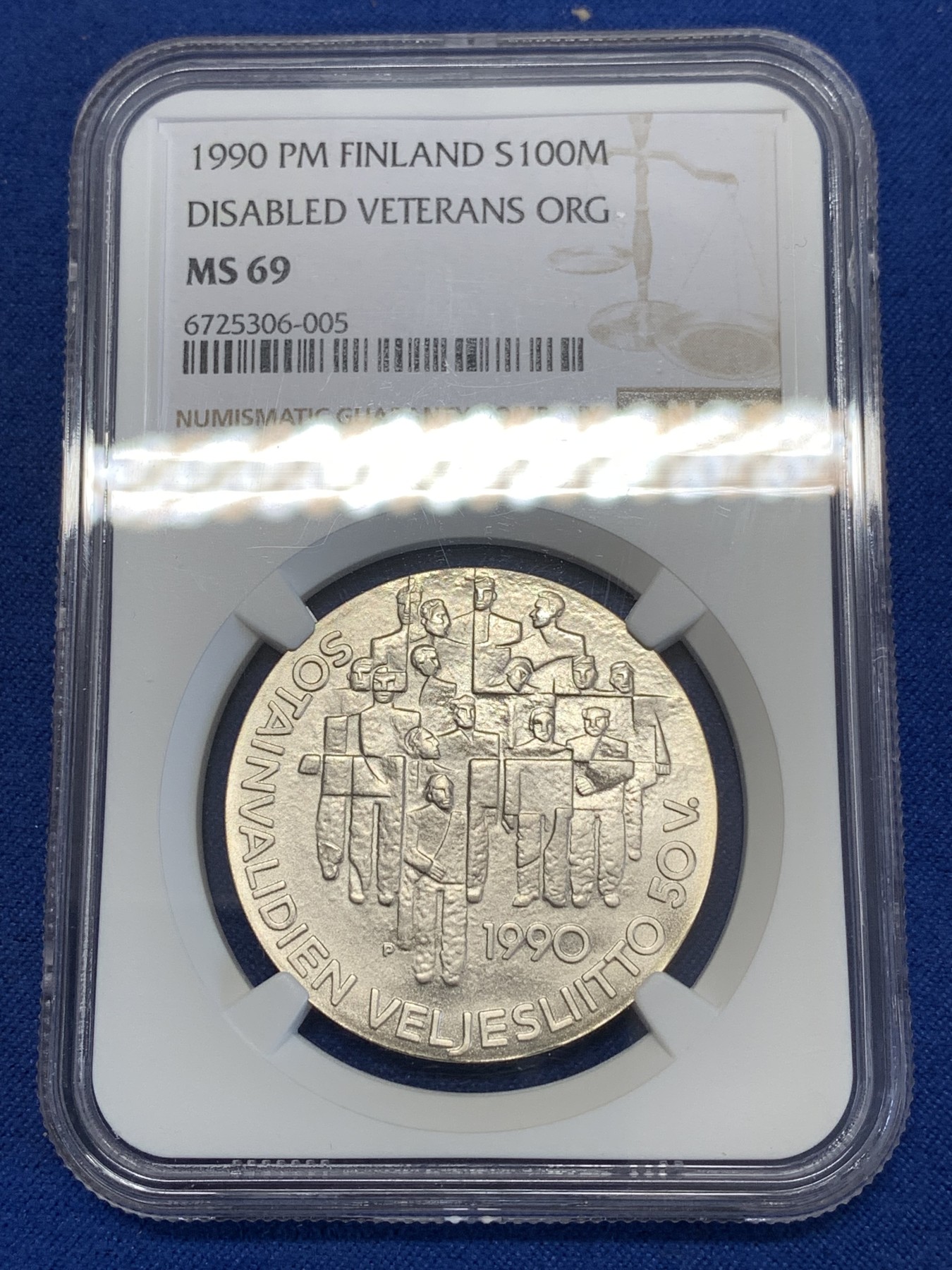 《竞宝斋》第252场-周日，周一2场连拍 (全场包邮) NGC MS69 1990年芬兰早期纪念银币，战争伤残人协会成立50周年，100芬兰马克，830银，亚军分！
