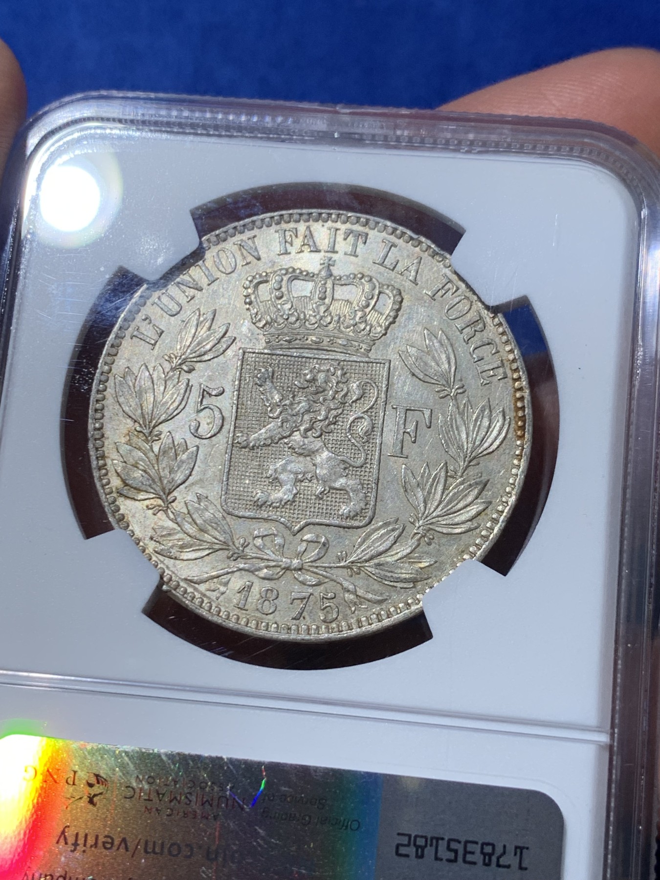 《竞宝斋》第252场-周日，周一2场连拍 (全场包邮) NGC AU55 比利时1875年利奥波德5法郎银币