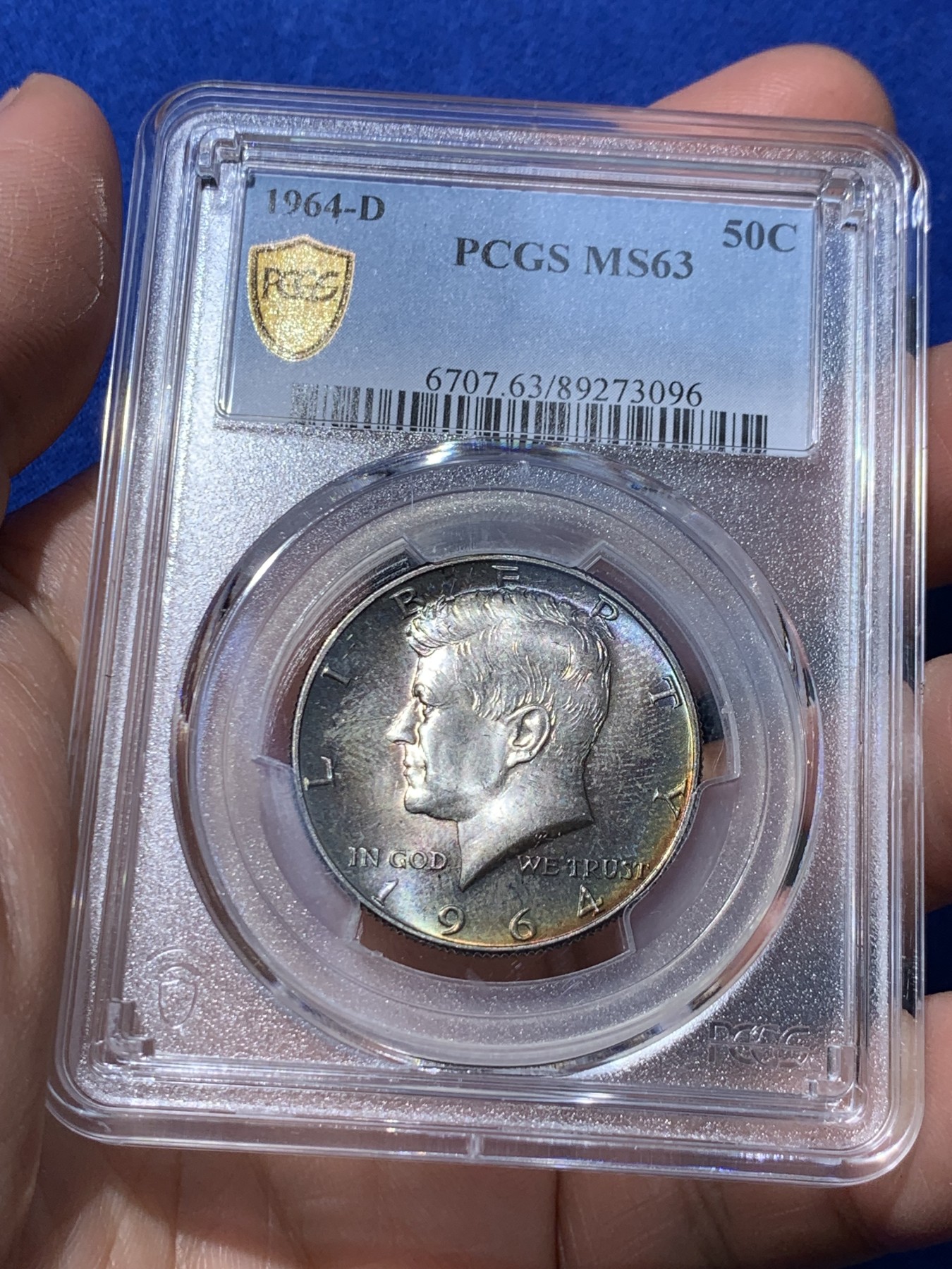 《竞宝斋》第252场-周日，周一2场连拍 (全场包邮) PCGS MS63 美国1964年50美分银币，肯尼迪首年份高银币，双面重彩黑包浆，给分不易