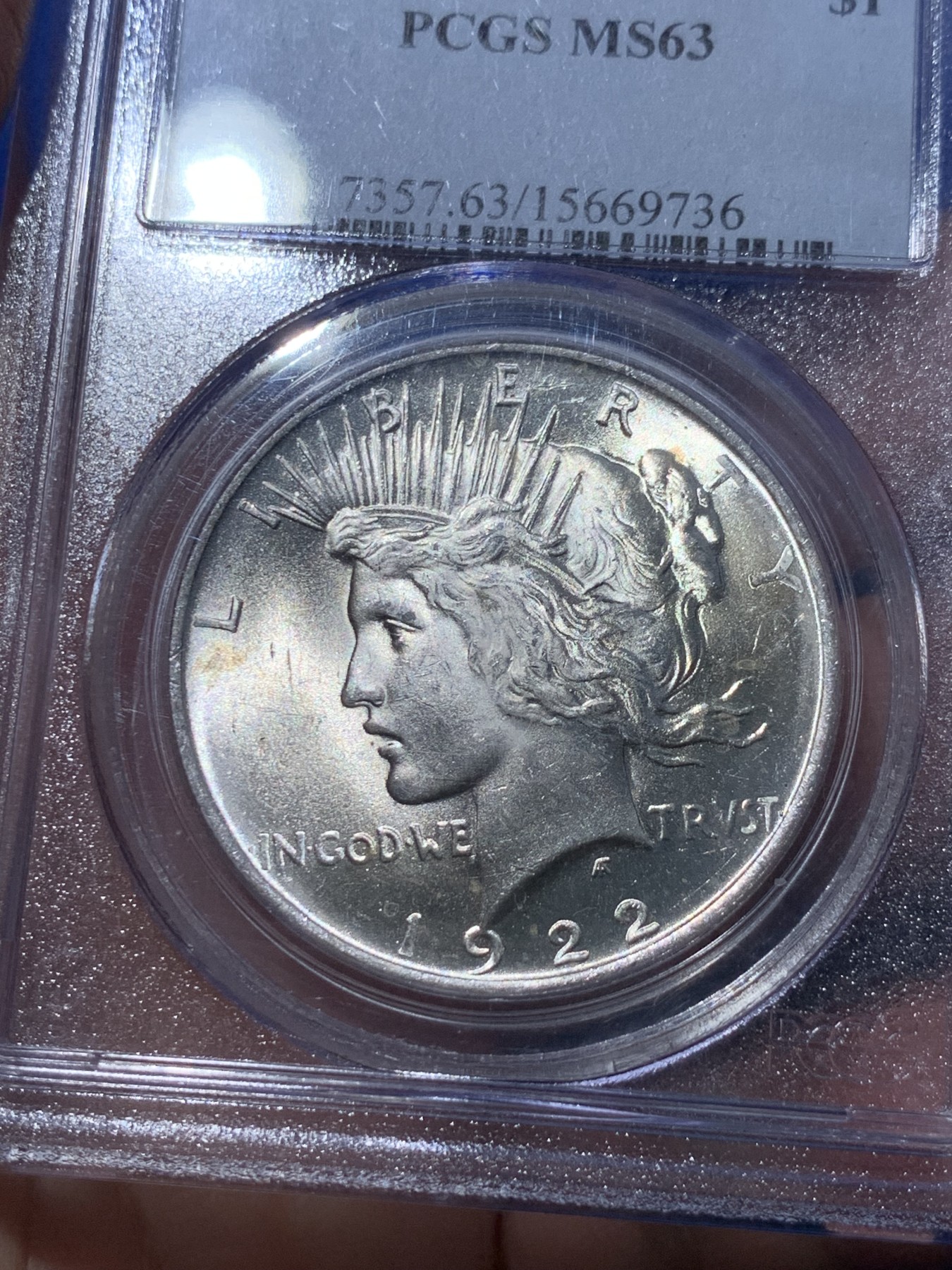 《竞宝斋》第252场-周日，周一2场连拍 (全场包邮) PCGS MS63 美国1922和平银币 PCGS老白盒 低评了 光泽很好 几乎没有大磕碰