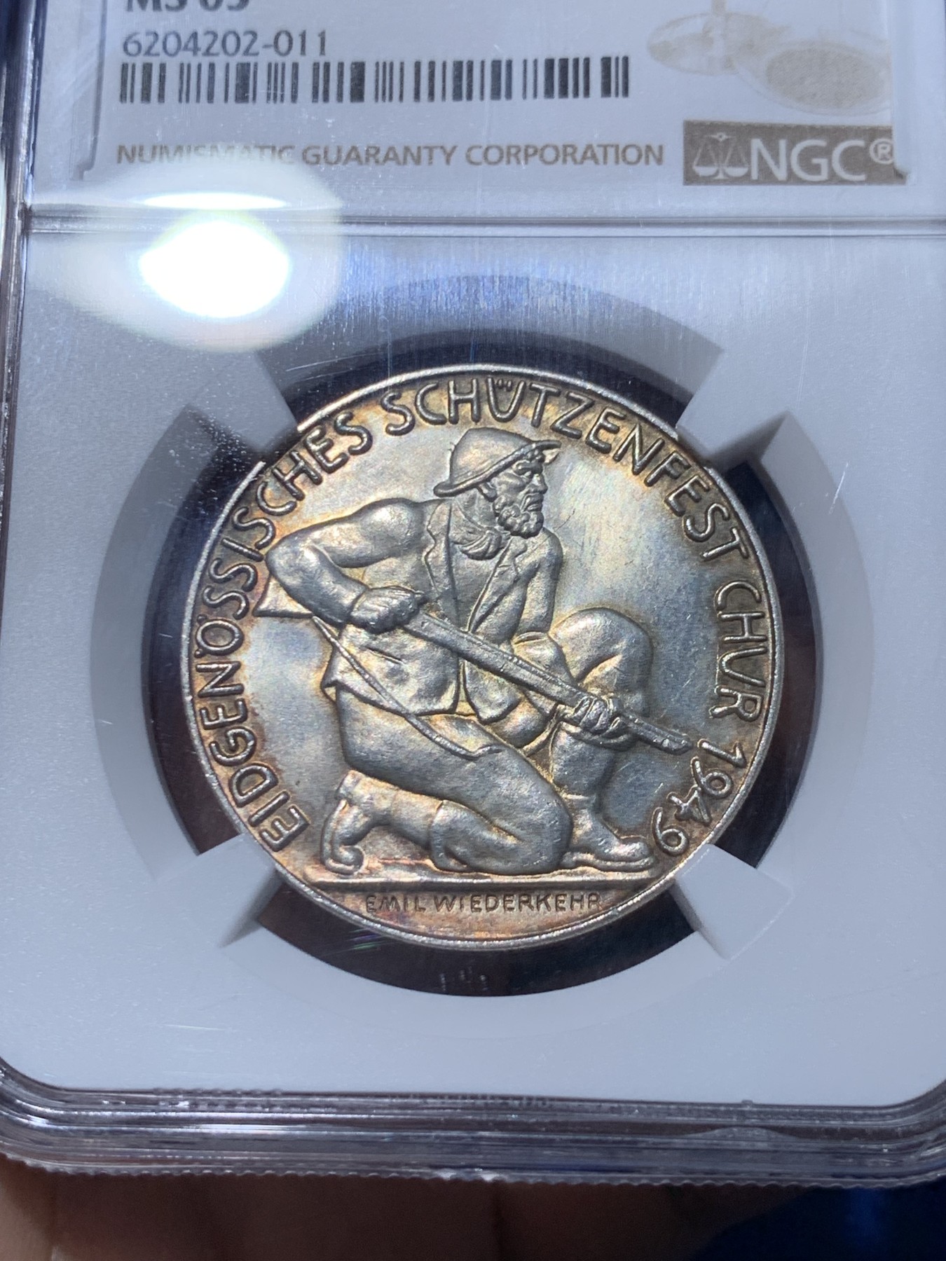 《竞宝斋》第252场-周日，周一2场连拍 (全场包邮) NGC MS63 1949B瑞士射击节银章，格鲁不登-库尔，淡色包浆，极美品