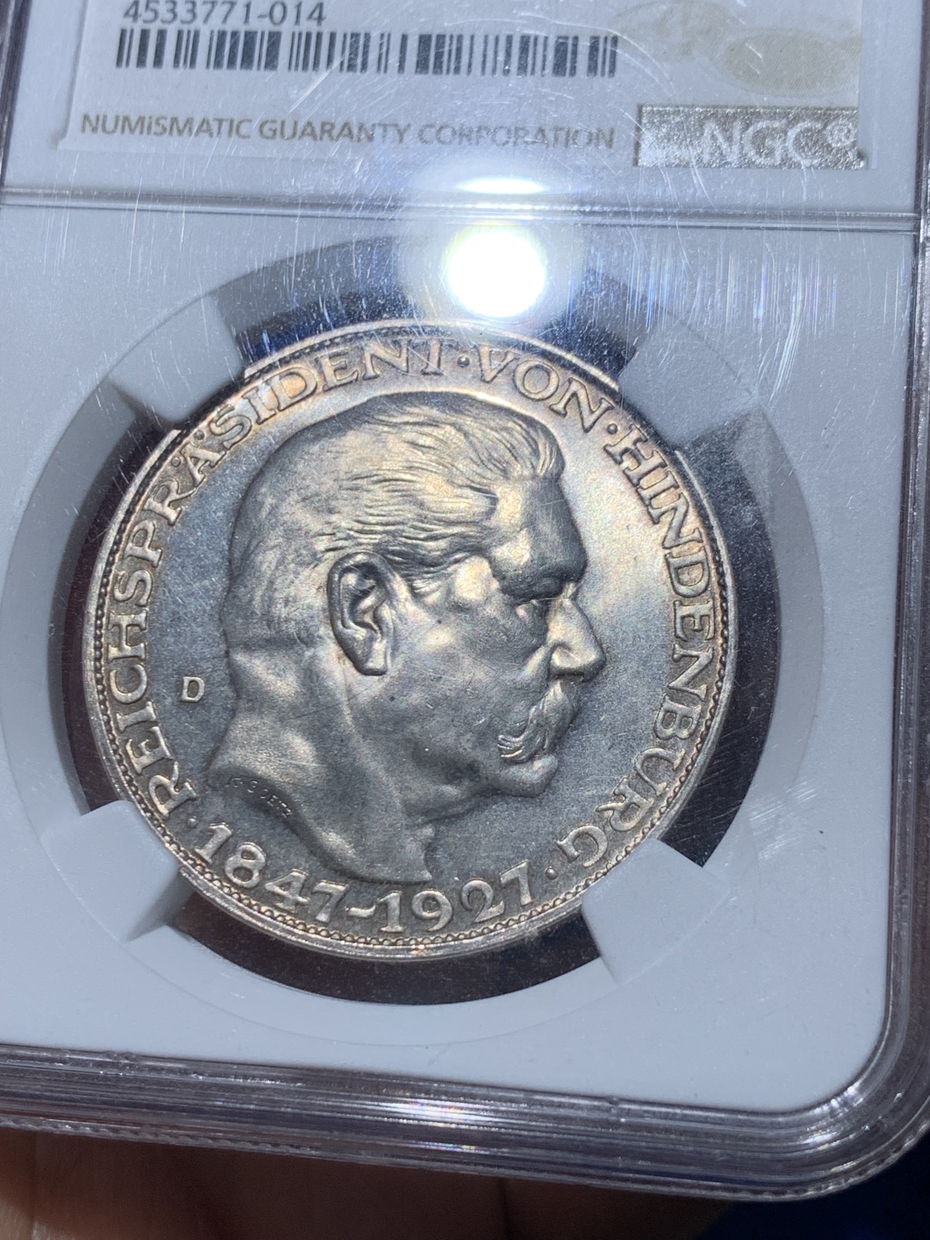 《竞宝斋》第252场-周日，周一2场连拍 (全场包邮) NGC MS62 魏玛德国 1927年 兴登堡80大寿5马克币型银章，卡尔哥茨经典作品