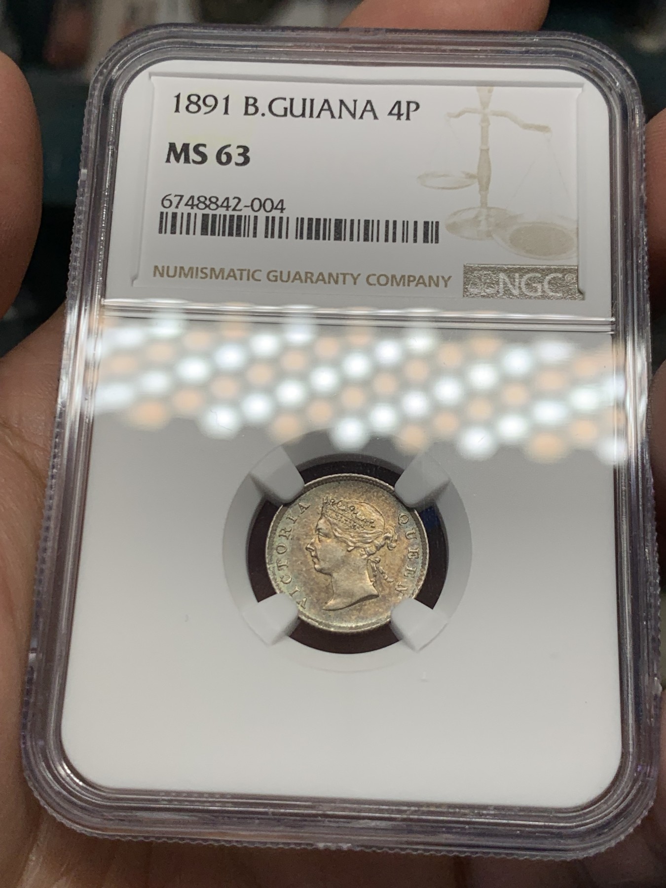 《竞宝斋》第252场-周日，周一2场连拍 (全场包邮) NGC MS63 英属圭亚那和西印度 1891年 4便士 维多利亚女王 银币