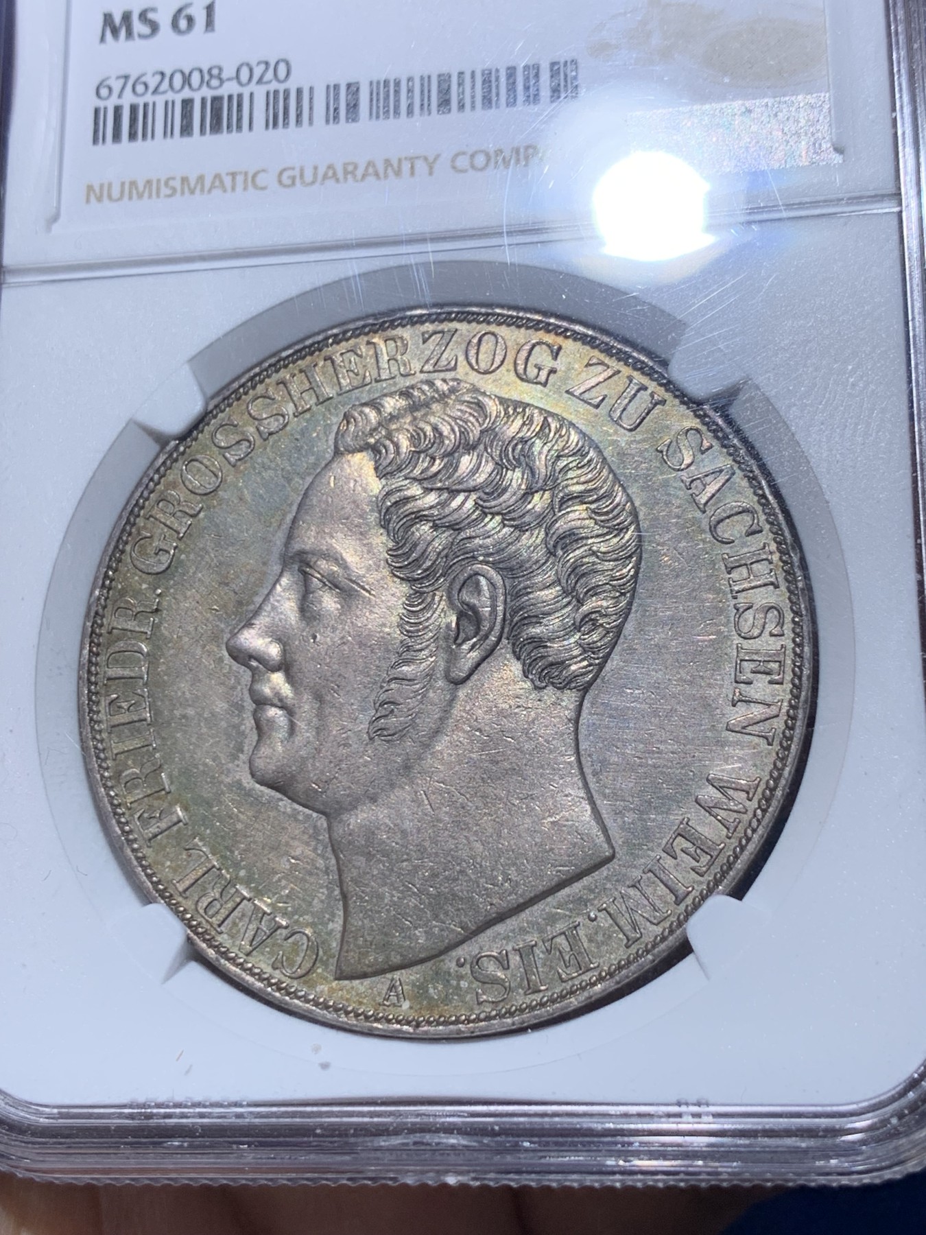 《竞宝斋》第252场-周日，周一2场连拍 (全场包邮) NGC MS61 德国萨克森-魏玛-艾森纳赫大公国 1840年2泰勒大银币 稀少且热门的小邦2T品种，MS的难度非常大，这枚细节和光度都很好，包浆颜色舒服，感觉低评了