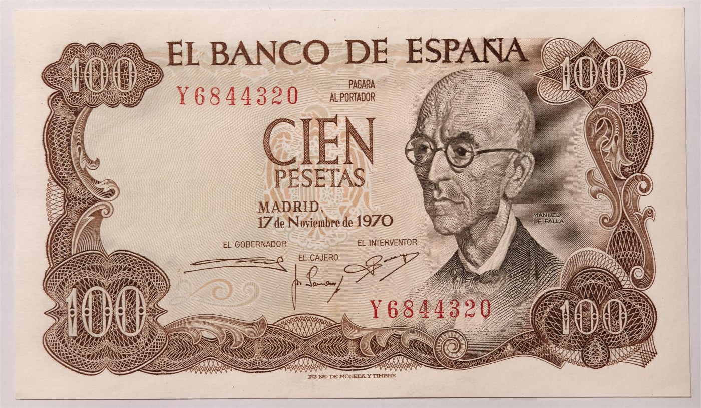 紫瑗钱币——第333期拍卖——纸币场 西班牙 1970(1974)年 曼努埃尔·德法拉 100比塞塔 UNC (P-152a)