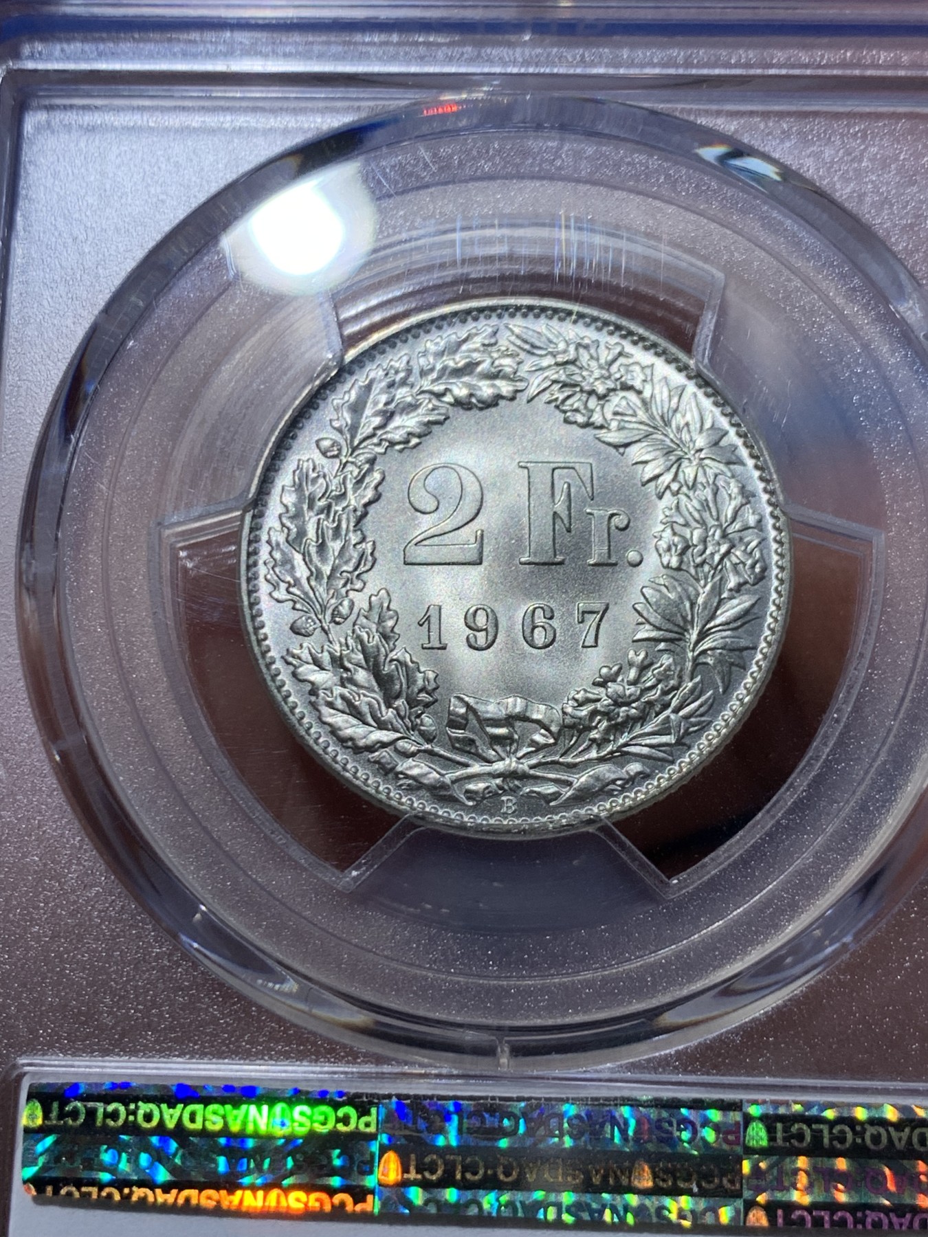 《竞宝斋》第252场-周日，周一2场连拍 (全场包邮) PCGS MS68 1967年瑞士2法郎银币，关门年份，完美品质，光泽丝滑，2法郎极致高分，十分难求