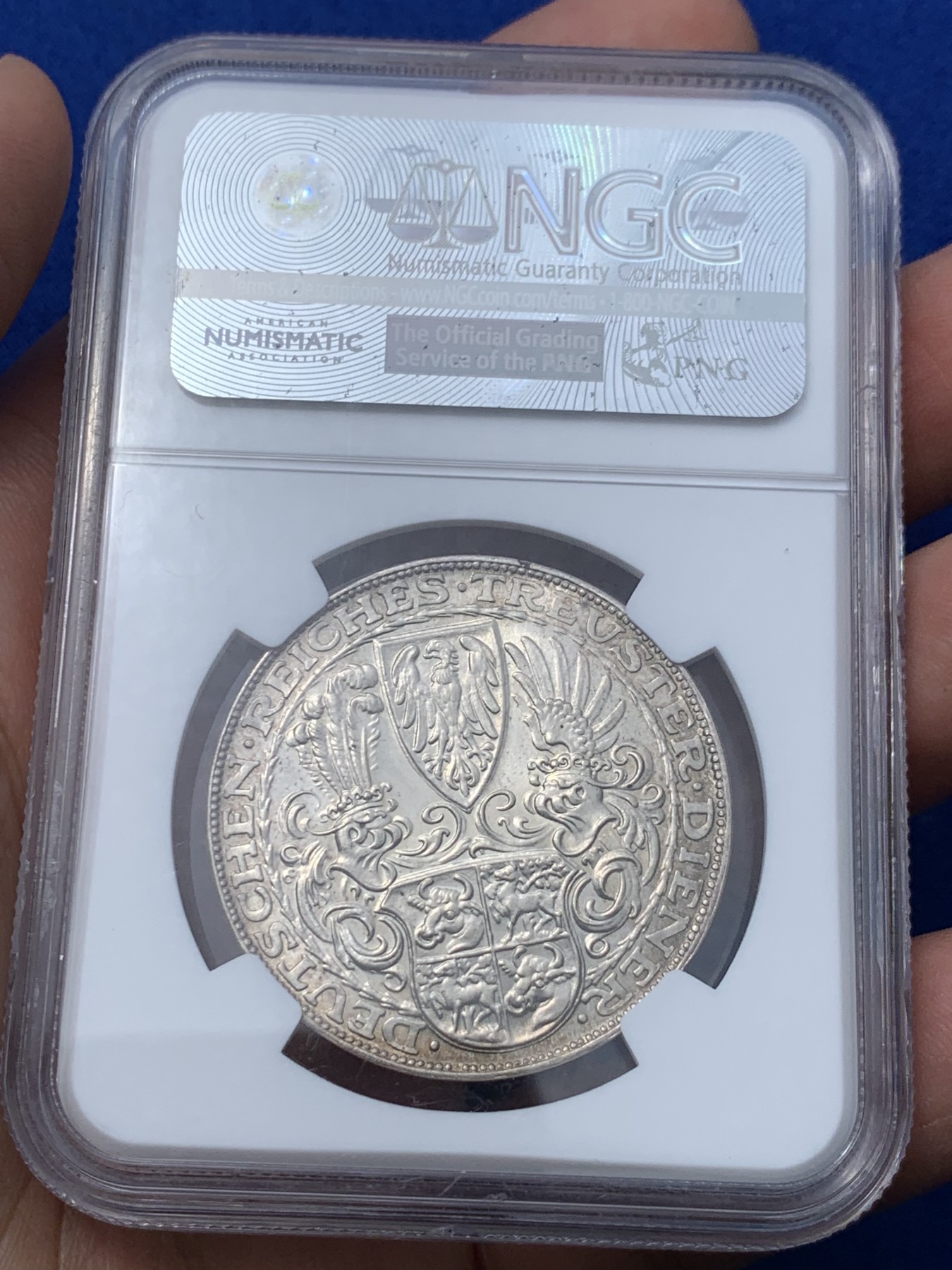《竞宝斋》第252场-周日，周一2场连拍 (全场包邮) NGC MS62 魏玛德国 1927年 兴登堡80大寿5马克币型银章，卡尔哥茨经典作品