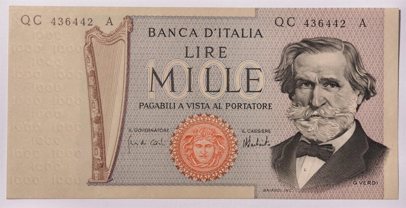 紫瑗钱币——第333期拍卖——纸币场 意大利 1975年 威尔第 1000里拉 UNC