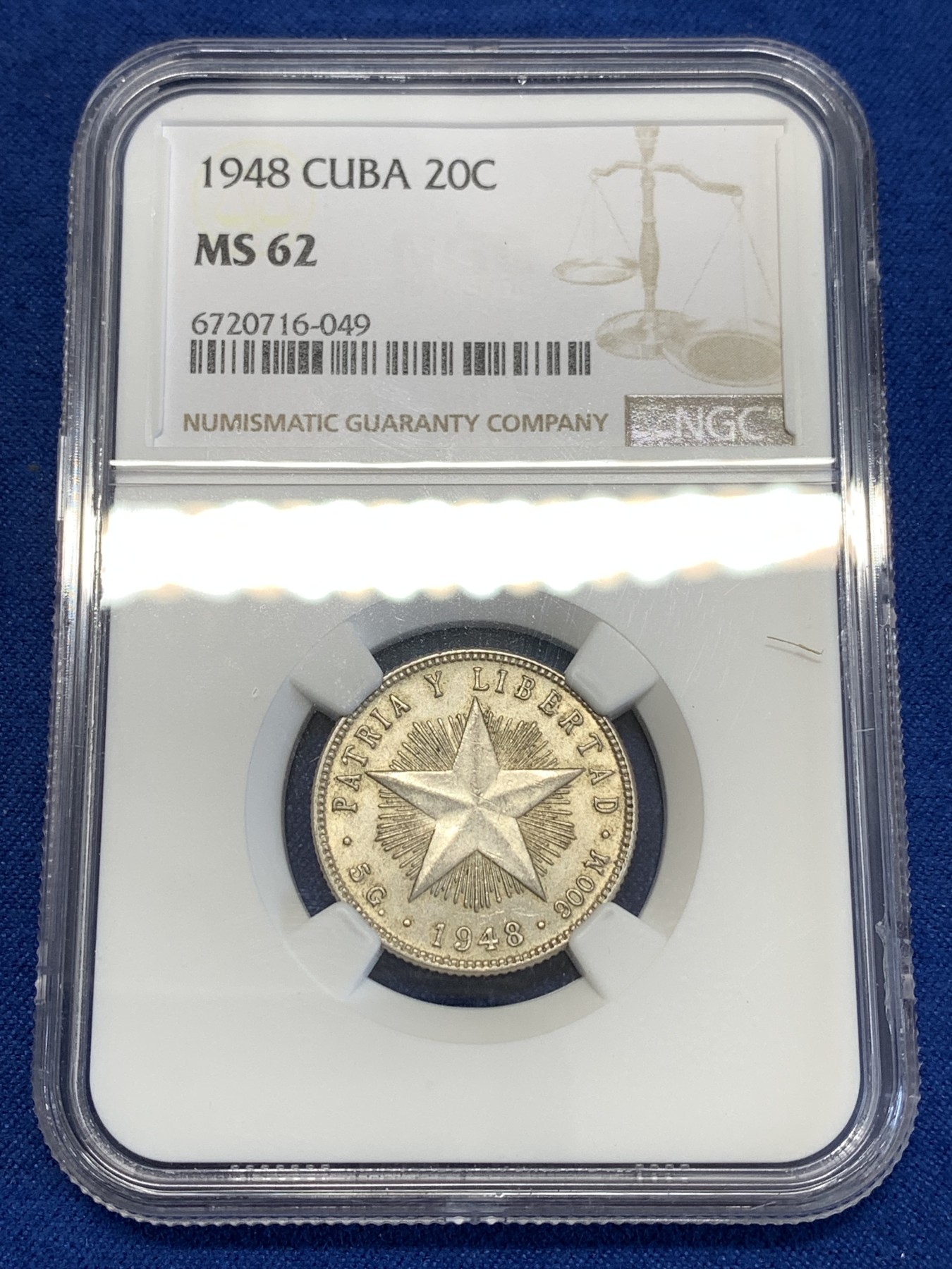 《竞宝斋》第252场-周日，周一2场连拍 (全场包邮) NGC MS62 古巴1948年五星20分银币