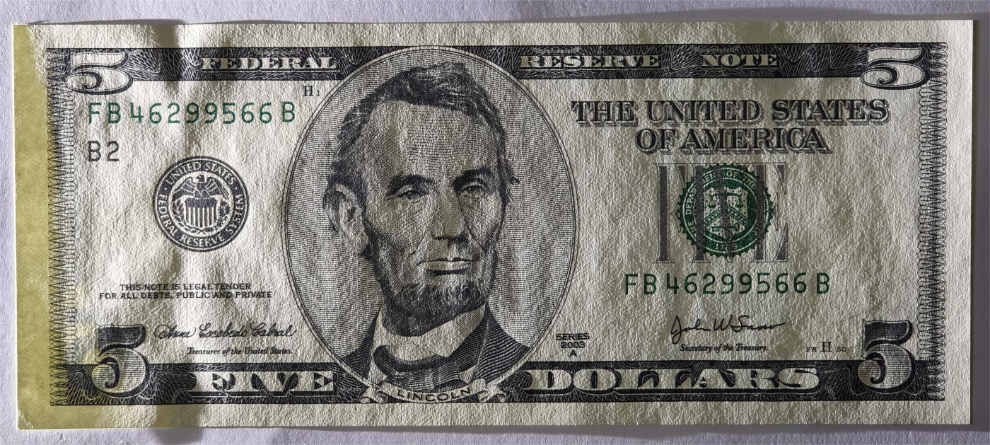 紫瑗钱币——第333期拍卖——纸币场 【双尾6】美国 2003年 B版 A序列 亚伯拉罕·林肯 5美元 大头版 UNC