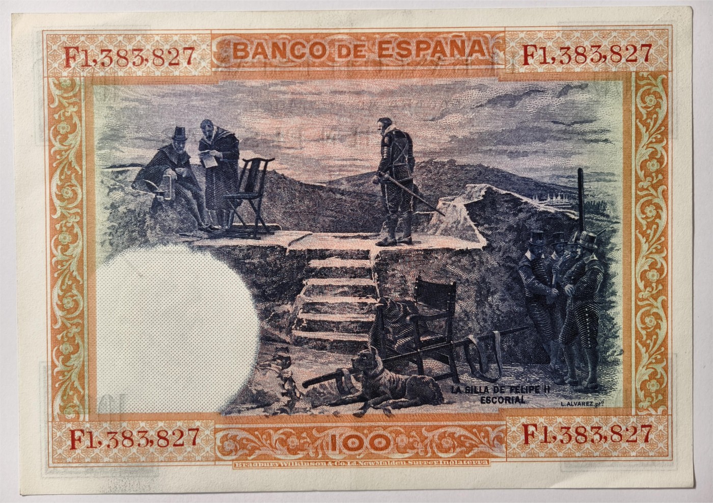 紫瑗钱币——第333期拍卖——纸币场 西班牙 1925年 油画《腓力二世的座椅》 100比塞塔 AU