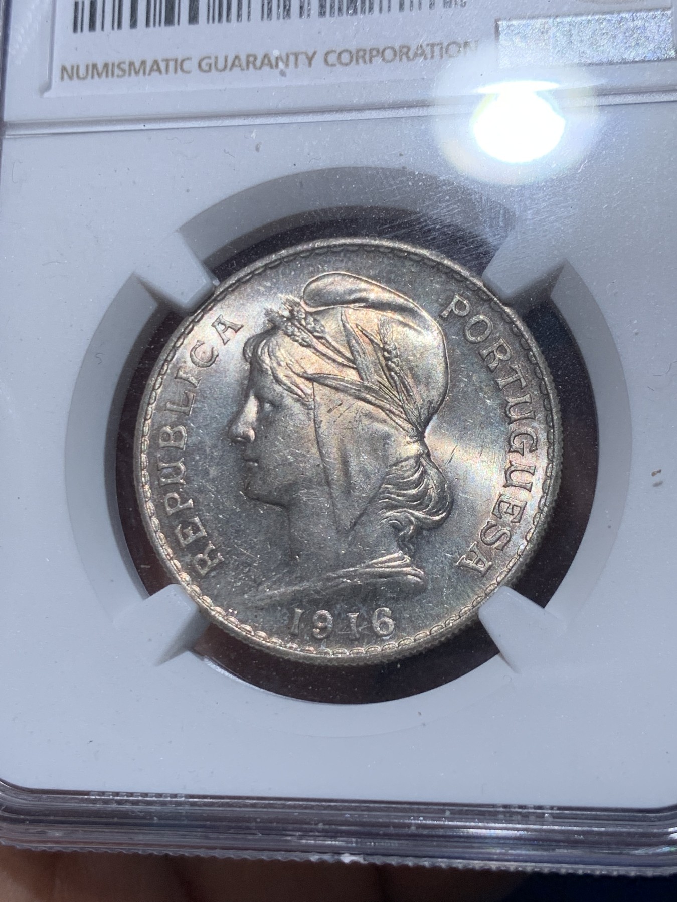 《竞宝斋》第252场-周日，周一2场连拍 (全场包邮) NGC MS62 葡萄牙1916年 自由女神半圆 50分银币