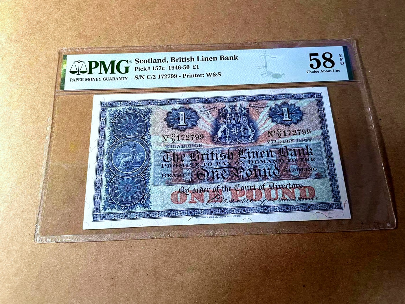 【Blue Auction】✨世界纸币精拍第450期——英伦三岛专场 【p157c】苏格兰 1946-50年1镑 PMG58EPQ  早期品种
