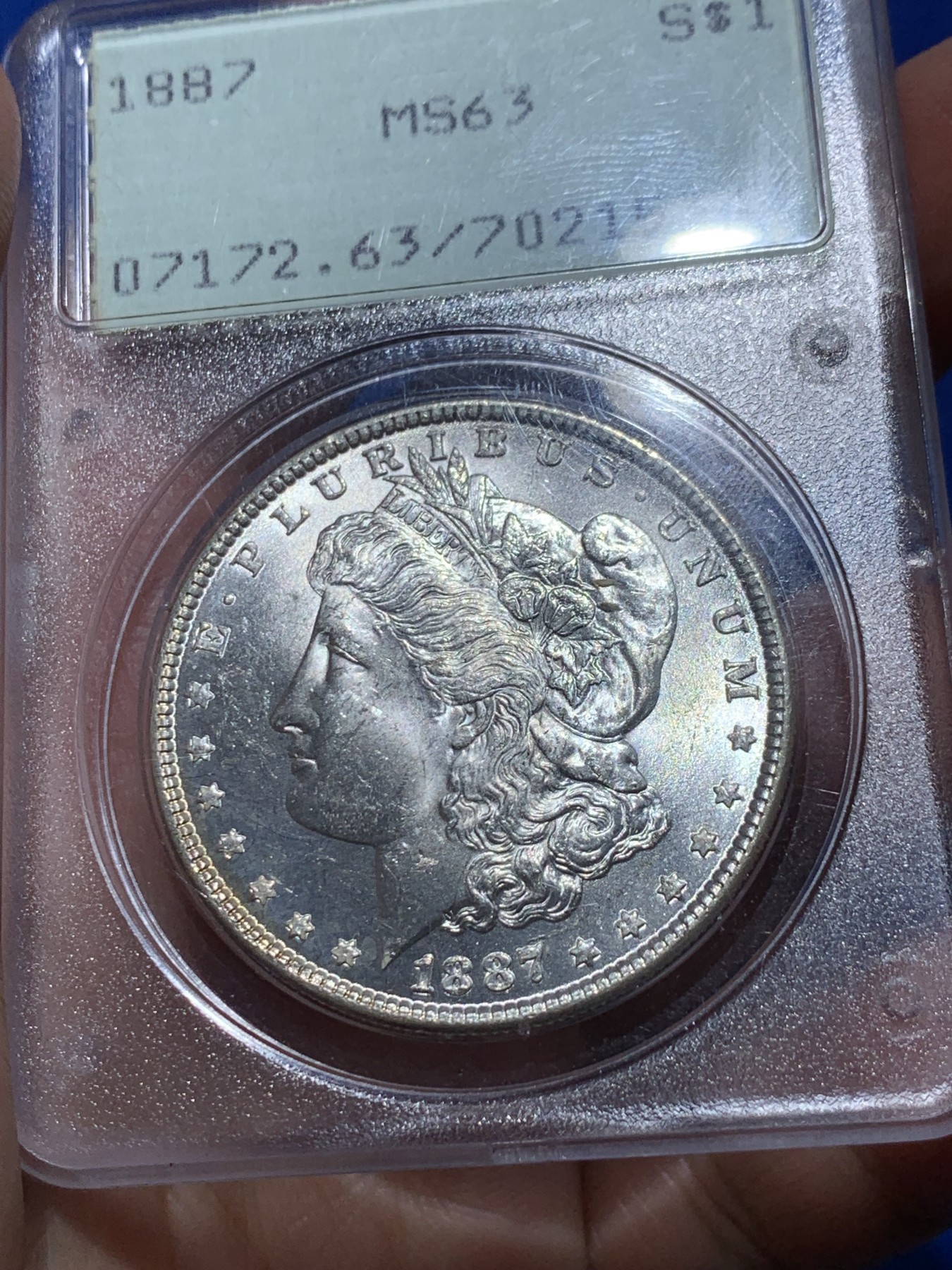 《竞宝斋》第252场-周日，周一2场连拍 (全场包邮) PCGS MS63 美国 1887 摩根银币 初代老盒子 银光十足 微彩 低评状态 摇摇乐稀少封装