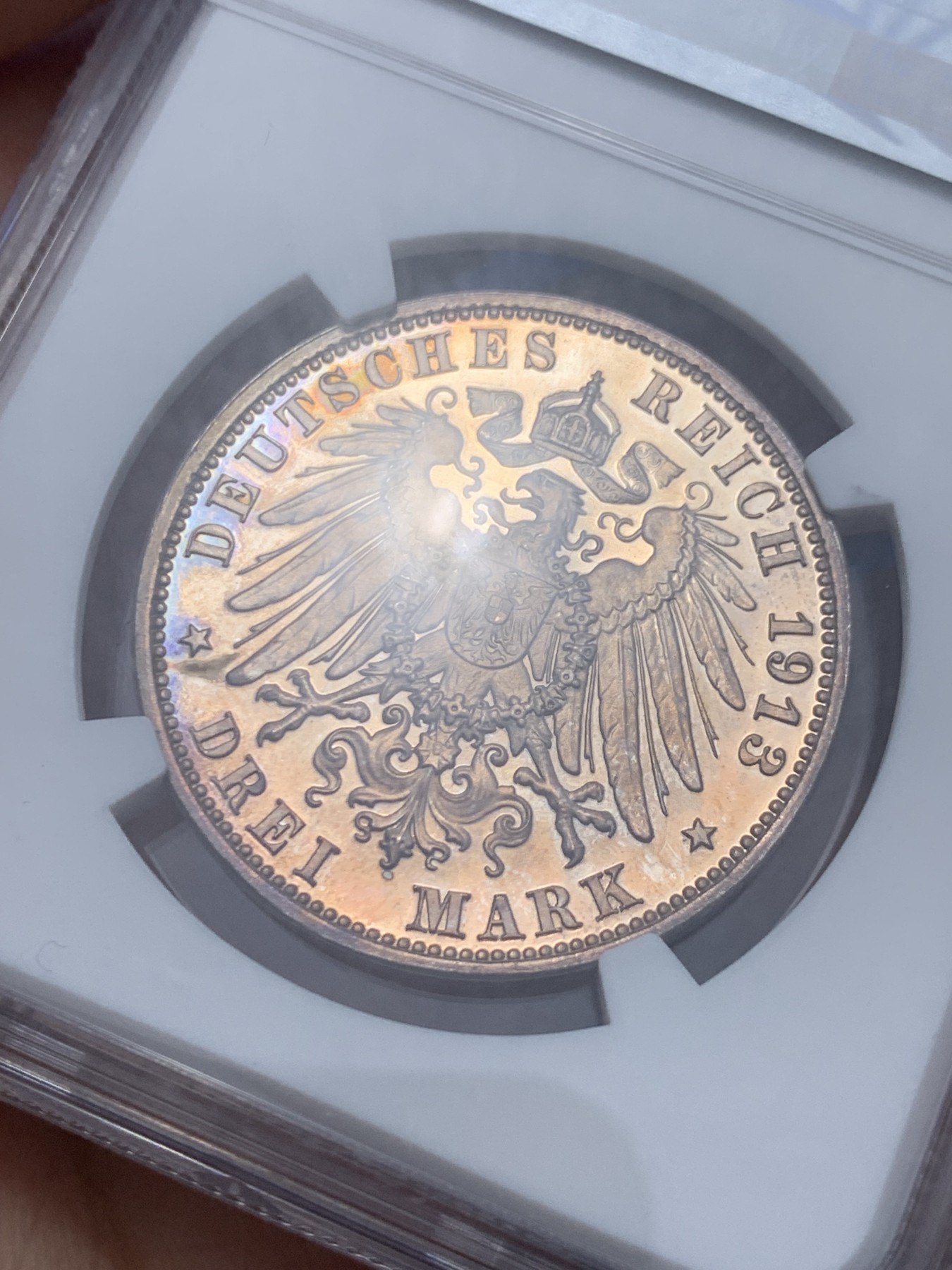 《竞宝斋》第252场-周日，周一2场连拍 (全场包邮) NGC PF62 德国萨克森1913年建功碑精制3马克银币 包浆漂亮
