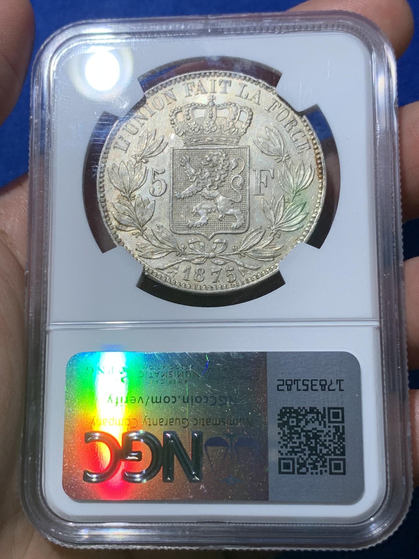 《竞宝斋》第252场-周日，周一2场连拍 (全场包邮) NGC AU55 比利时1875年利奥波德5法郎银币