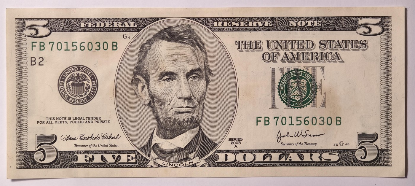 紫瑗钱币——第333期拍卖——纸币场 美国 2003年 B版 A序列 亚伯拉罕·林肯 5美元 大头版 UNC（轻微黄斑）