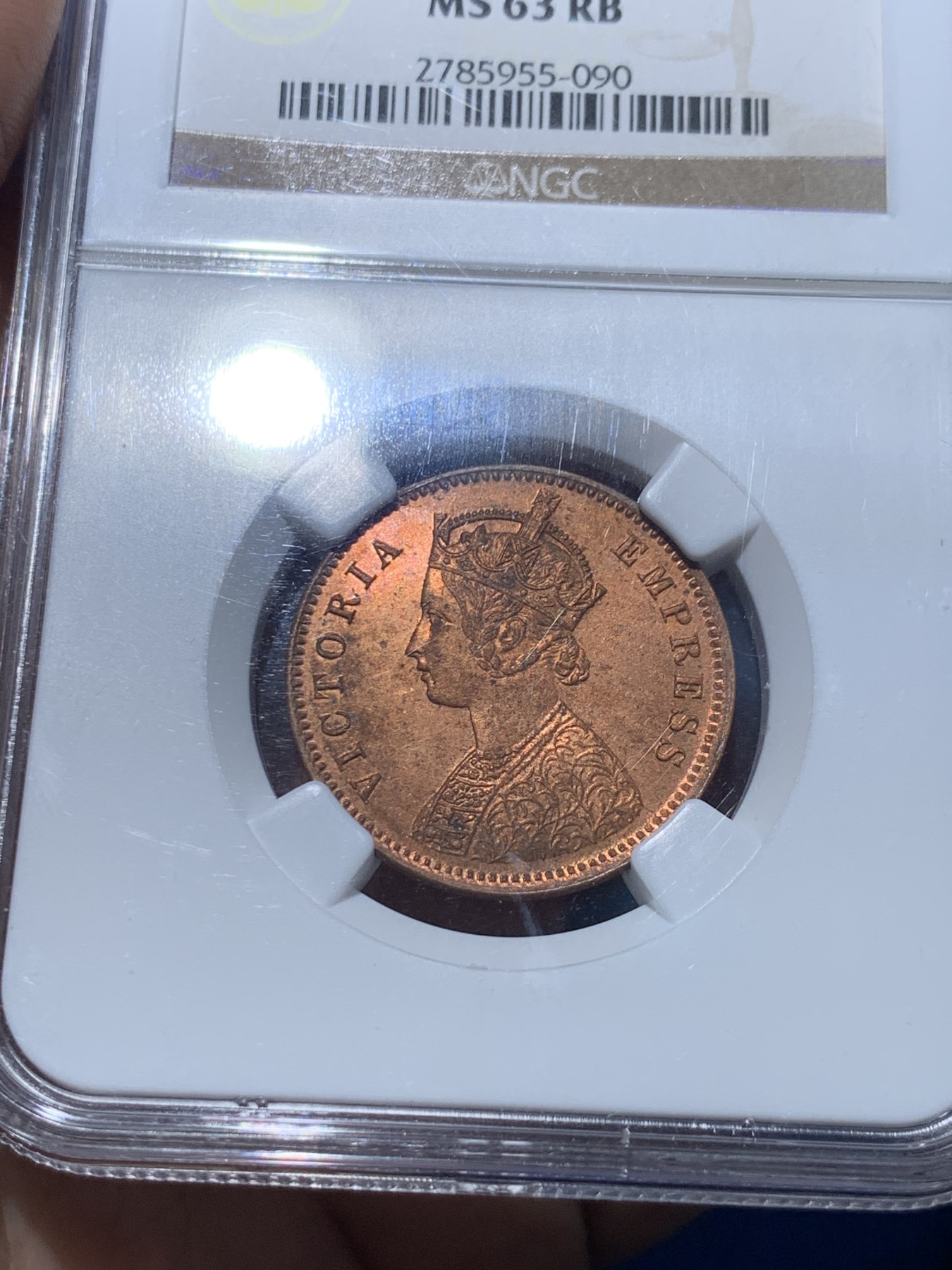 《竞宝斋》第252场-周日，周一2场连拍 (全场包邮) NGC MS63RB 1889英属印度维多利亚1/4安娜铜币 品相好