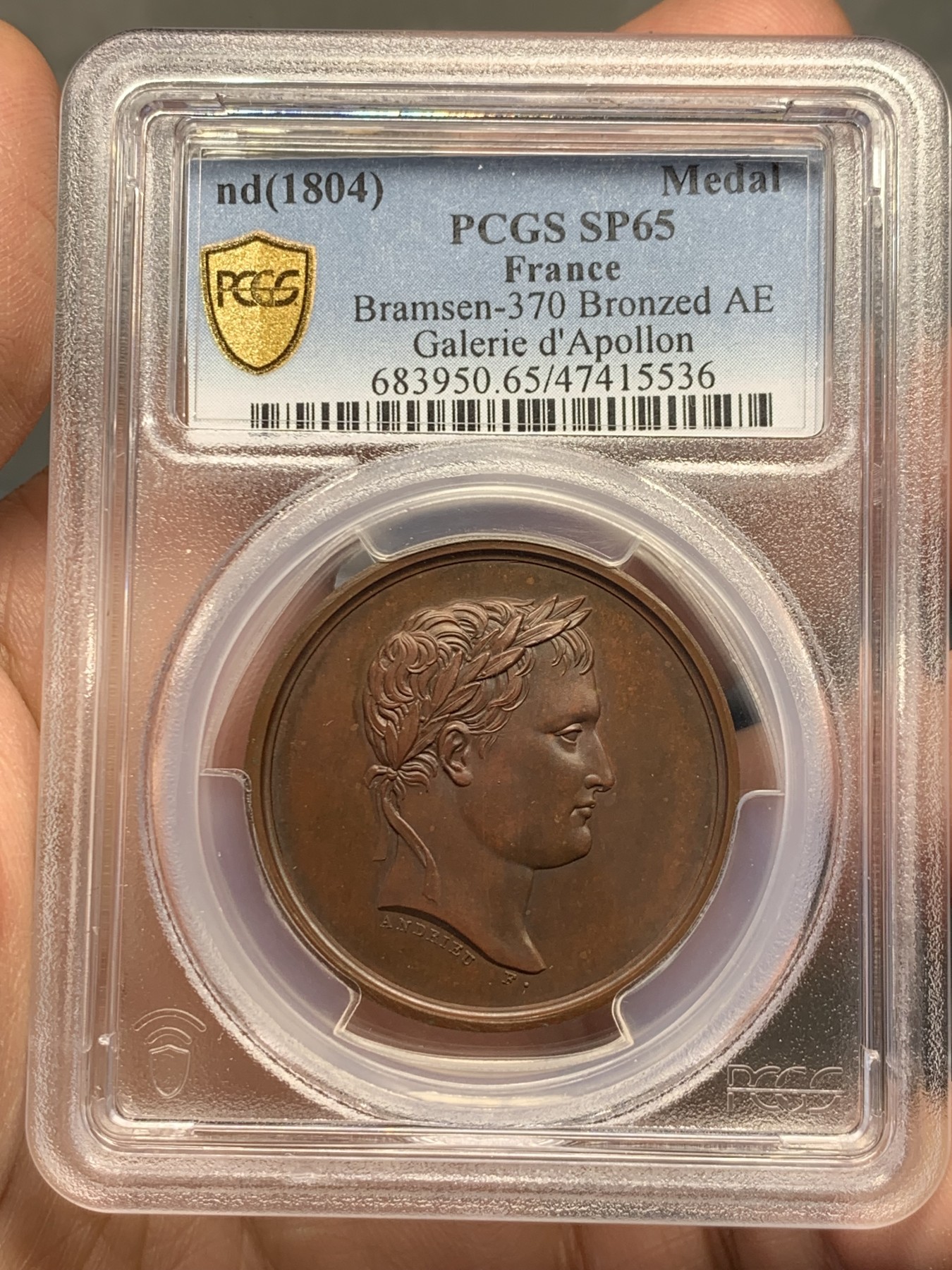 《竞宝斋》第252场-周日，周一2场连拍 (全场包邮) PCGS SP65 法国1804年拿破仑卢浮宫灵魂所在阿波罗厅原铸铜章   拿破仑对外扩张战争为卢浮宫积累了全欧最好艺术品馆藏  对拿破仑来说，每一幅天才作品都必须属于法国