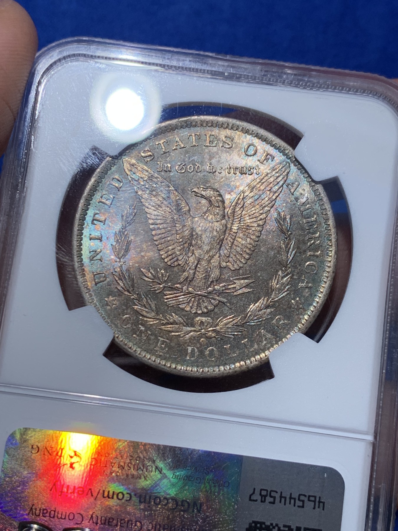 《竞宝斋》第252场-周日，周一2场连拍 (全场包邮) NGC MS63 美国1884年摩根银币O版，双面五彩。