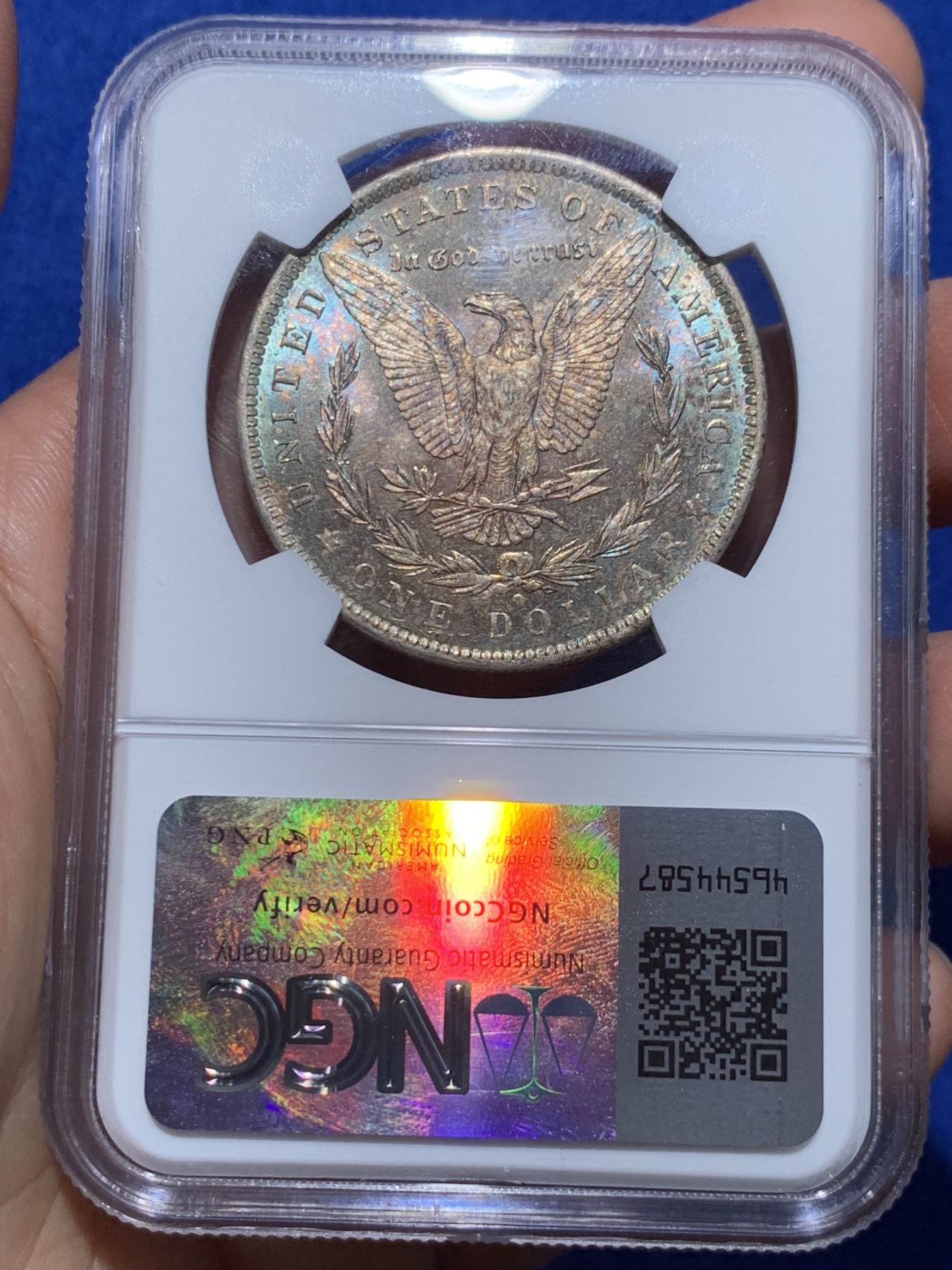 《竞宝斋》第252场-周日，周一2场连拍 (全场包邮) NGC MS63 美国1884年摩根银币O版，双面五彩。