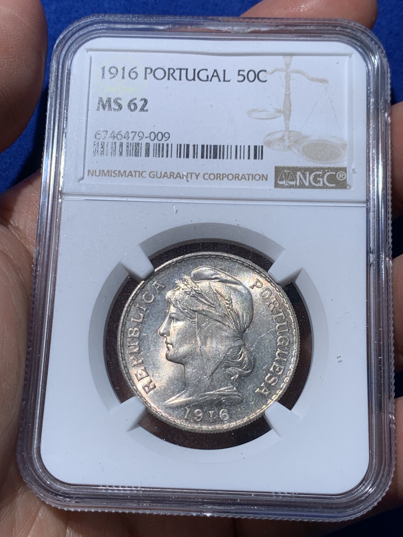《竞宝斋》第252场-周日，周一2场连拍 (全场包邮) NGC MS62 葡萄牙1916年 自由女神半圆 50分银币