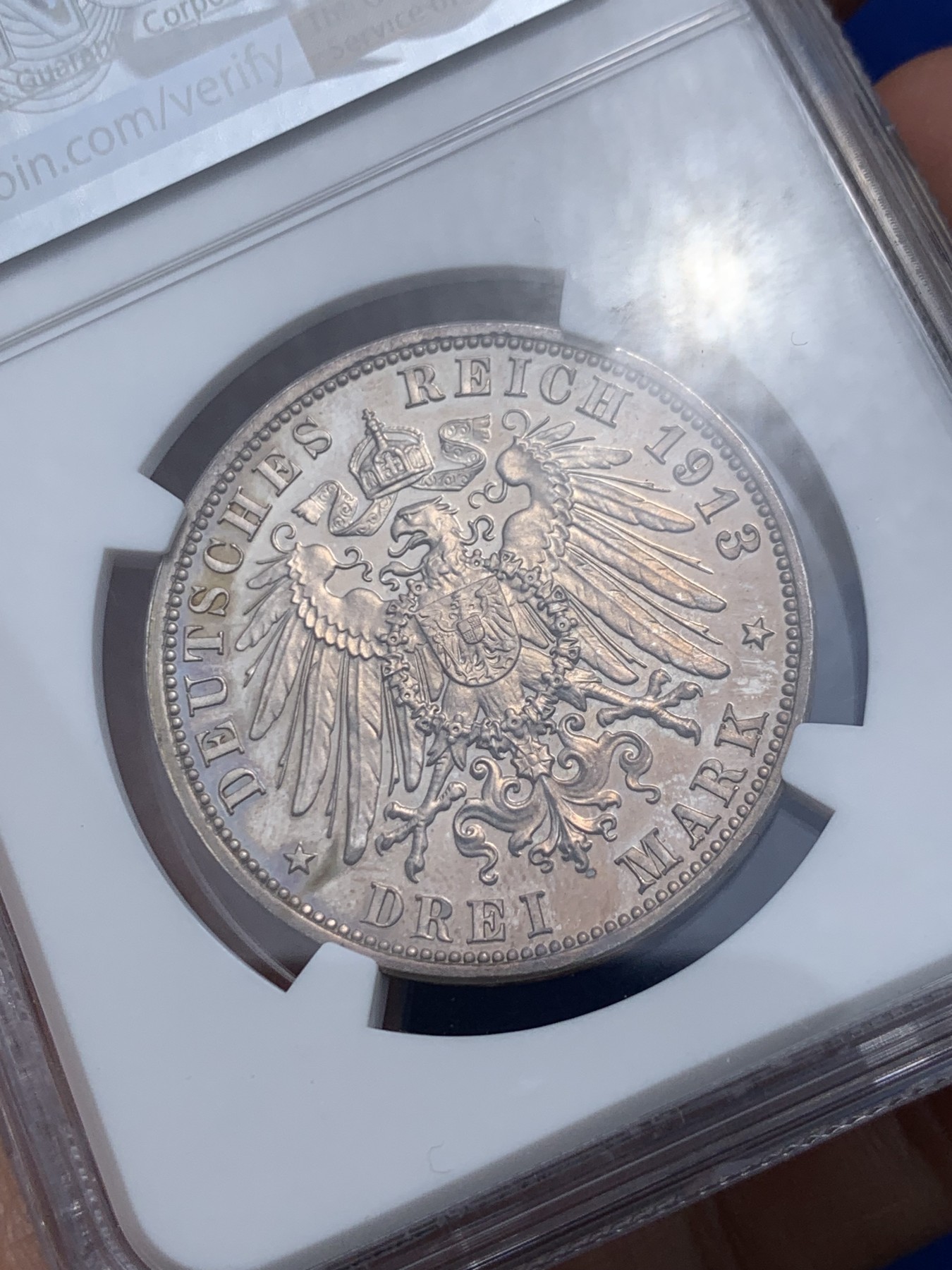 《竞宝斋》第252场-周日，周一2场连拍 (全场包邮) NGC PF62 德国萨克森1913年建功碑精制3马克银币 包浆漂亮