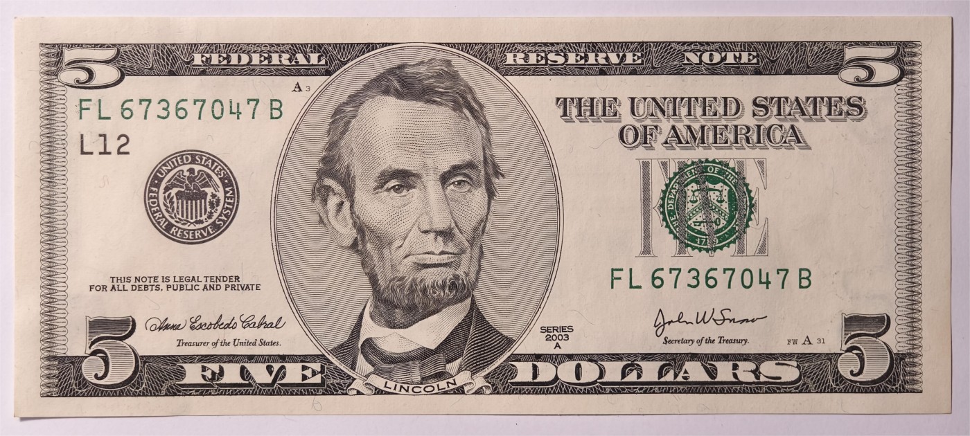 紫瑗钱币——第361期拍卖——纸币场 美国 2003年 L版 A序列 亚伯拉罕·林肯 5美元 大头版 UNC