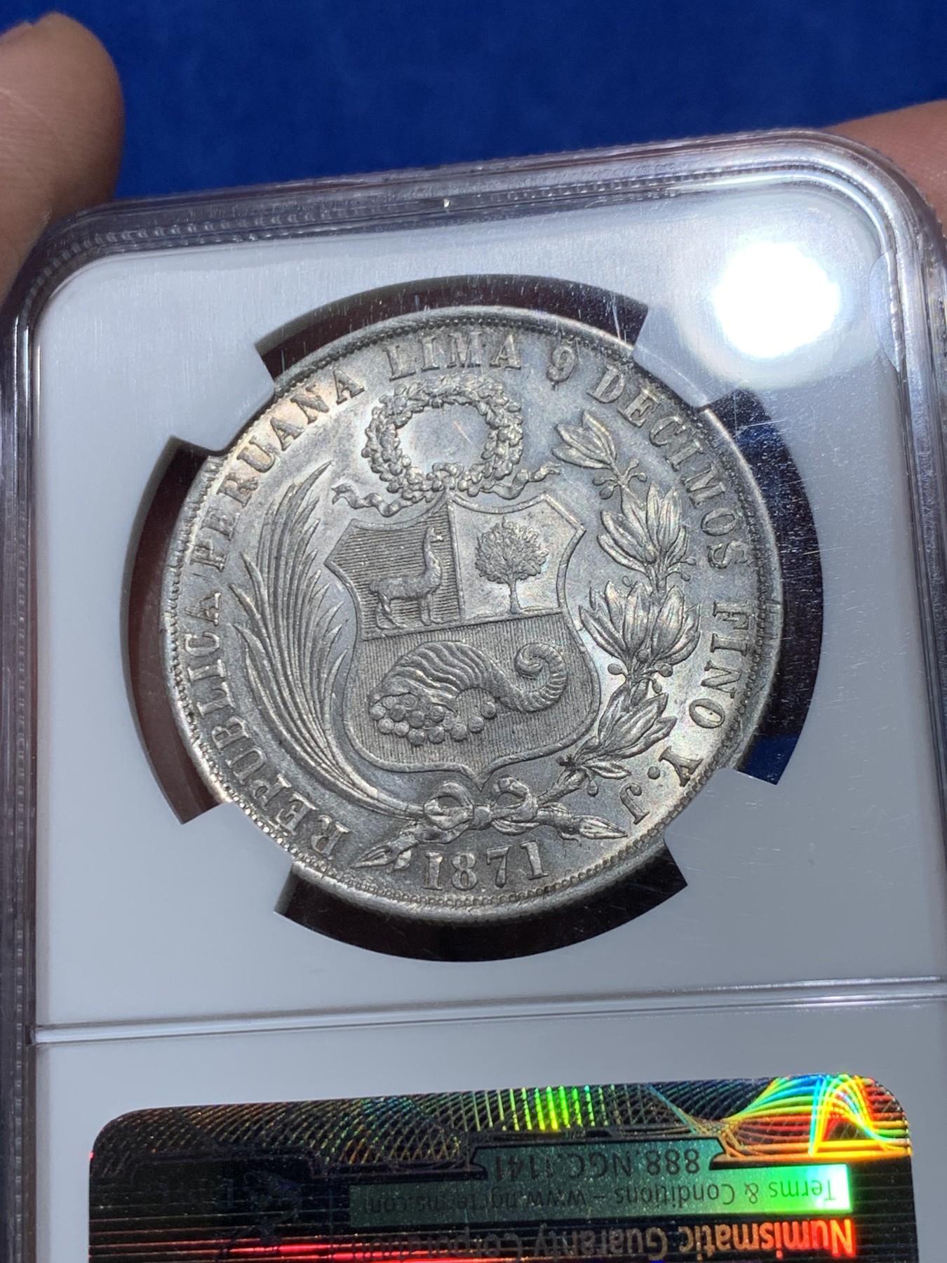 《竞宝斋》第252场-周日，周一2场连拍 (全场包邮) NGC AUD 1871年秘鲁大银币 光度好