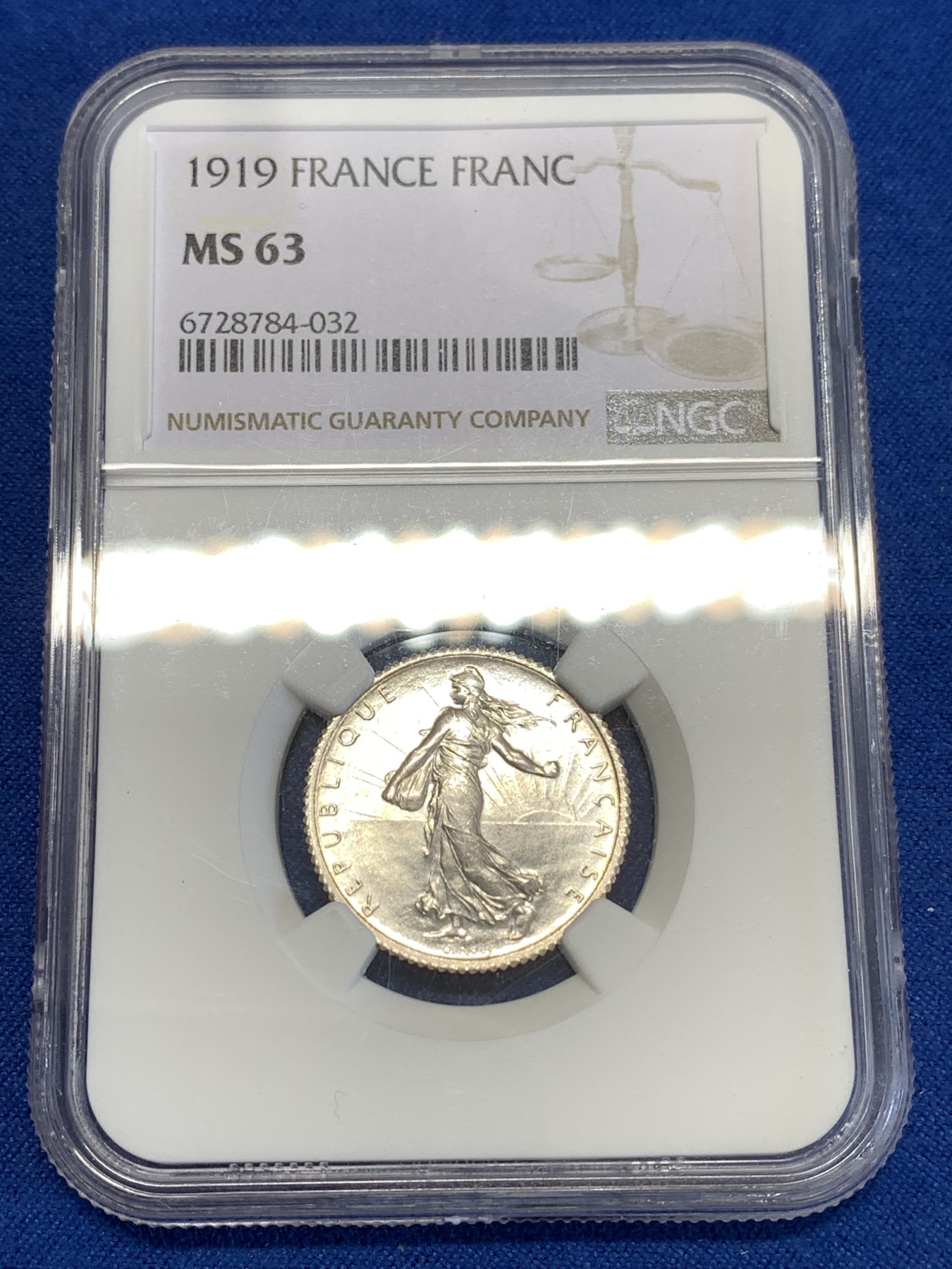《竞宝斋》第252场-周日，周一2场连拍 (全场包邮) NGC MS63 法国1919年播种女神1法郎银币