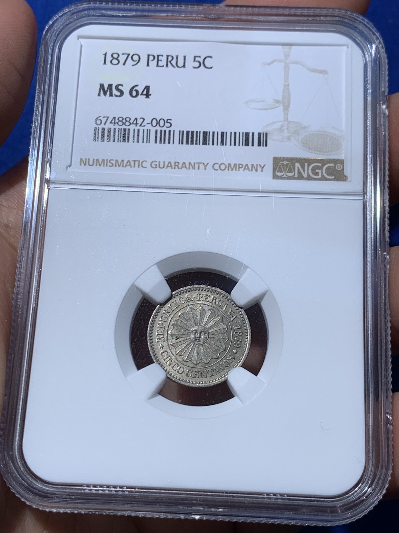 《竞宝斋》第252场-周日，周一2场连拍 (全场包邮) NGC MS64 秘鲁 1879年 5分 太阳脸 铜镍币