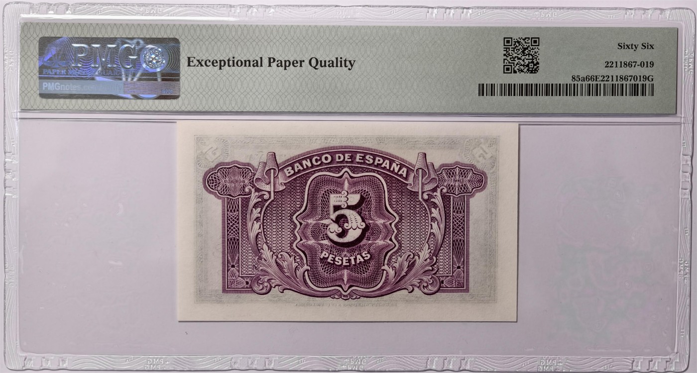 紫瑗钱币——第347期拍卖——纸币场 【PMG 66EPQ】西班牙 1935(1936)年 第二共和国 妇女 5比塞塔 (P-85a)
