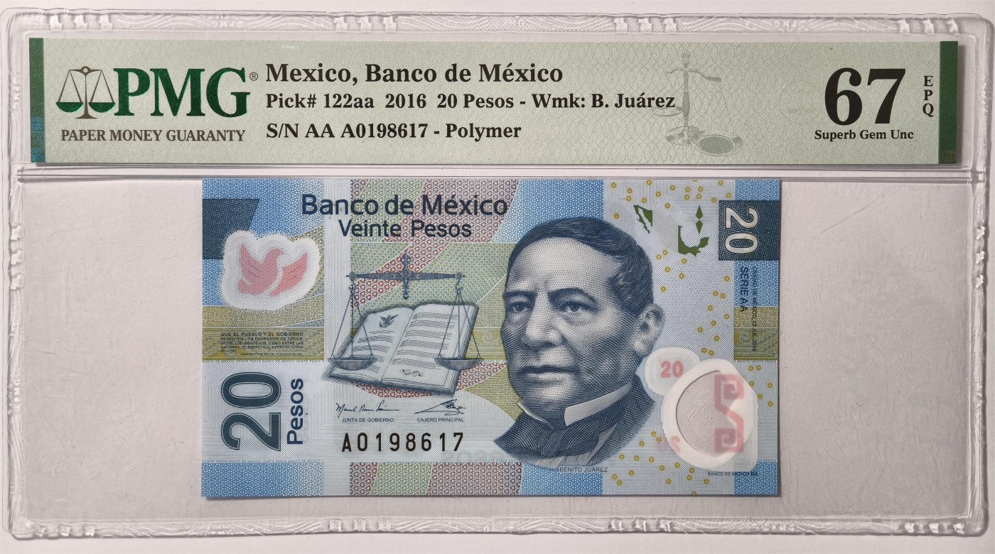 紫瑗钱币——第375期拍卖——纸币场 【首发A冠 PMG 67EPQ】墨西哥 2016年 墨西哥银行 20比索 （P-122aa）