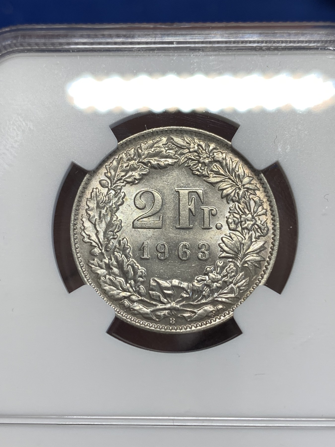 《竞宝斋》第252场-周日，周一2场连拍 (全场包邮) NGC MS62 瑞士 1963年 赫尔维蒂亚 雪山女神 2法郎 银币
