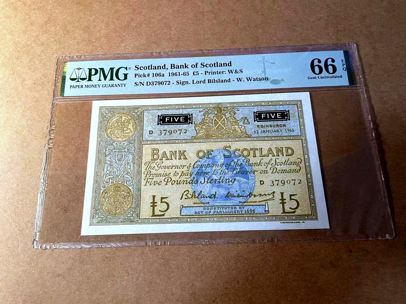 【Blue Auction】✨世界纸币精拍第450期——英伦三岛专场 【p106a】苏格兰 1961-65年5镑 PMG66EPQ  