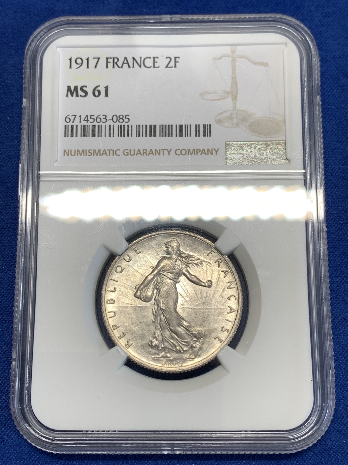 《竞宝斋》第252场-周日，周一2场连拍 (全场包邮) NGC MS61  法国1917年播种女神2法郎银币