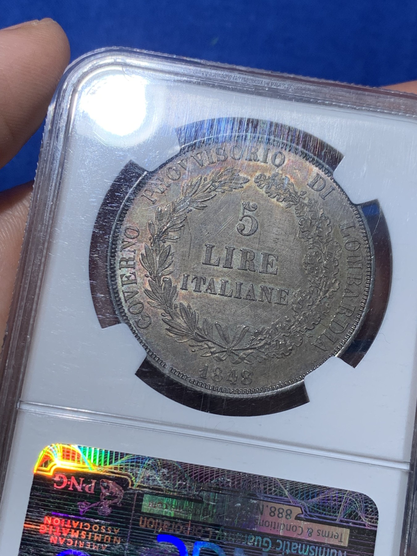 《竞宝斋》第252场-周日，周一2场连拍 (全场包邮) NGC MS63 意大利伦巴第1848年5里拉大银 皮特曼大神旧藏，老包浆！
