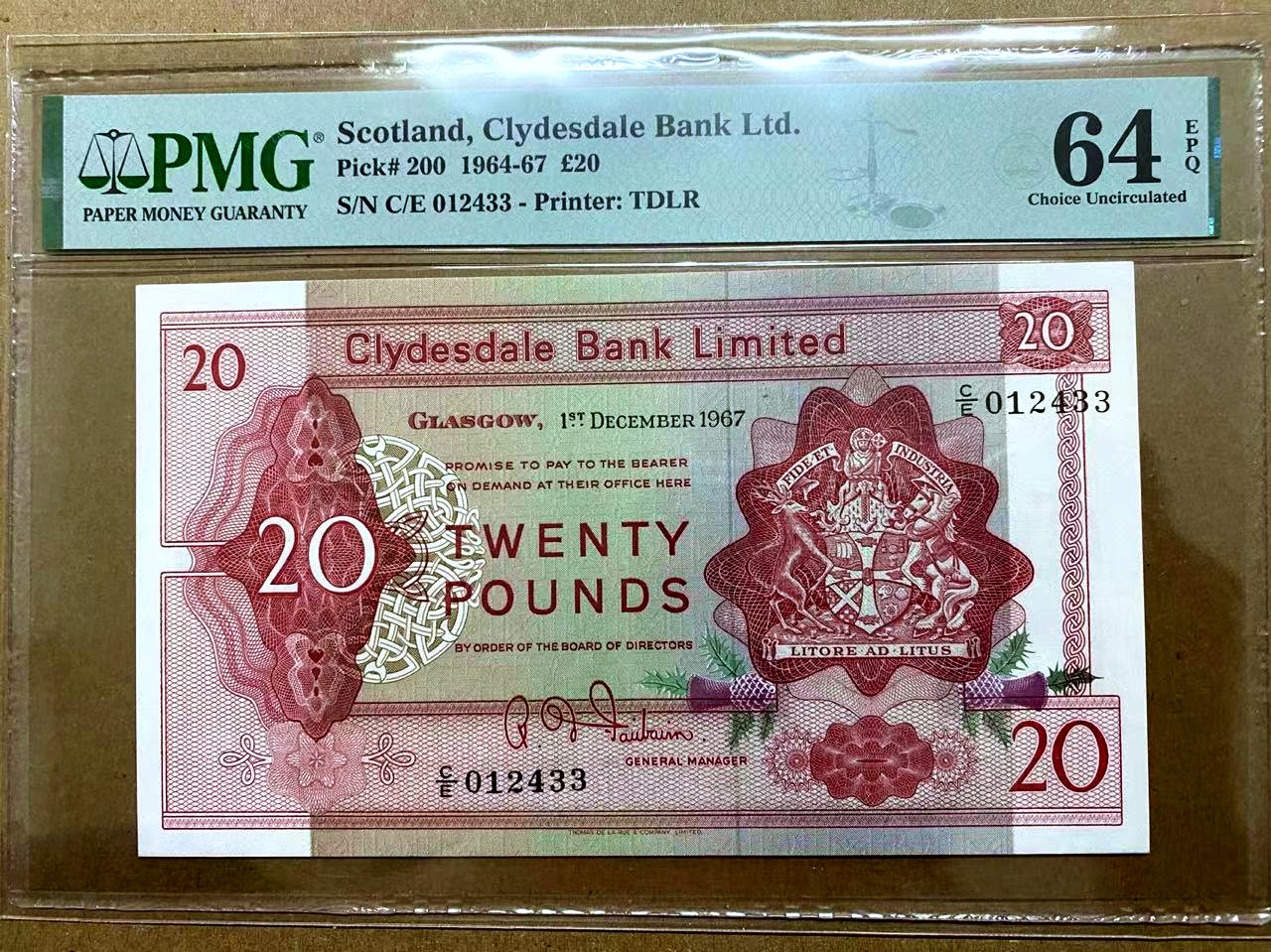 【Blue Auction】✨世界纸币精拍第450期——英伦三岛专场 【p200】苏格兰 1964-67年20镑 PMG64EPQ 背面大场景雕刻精美