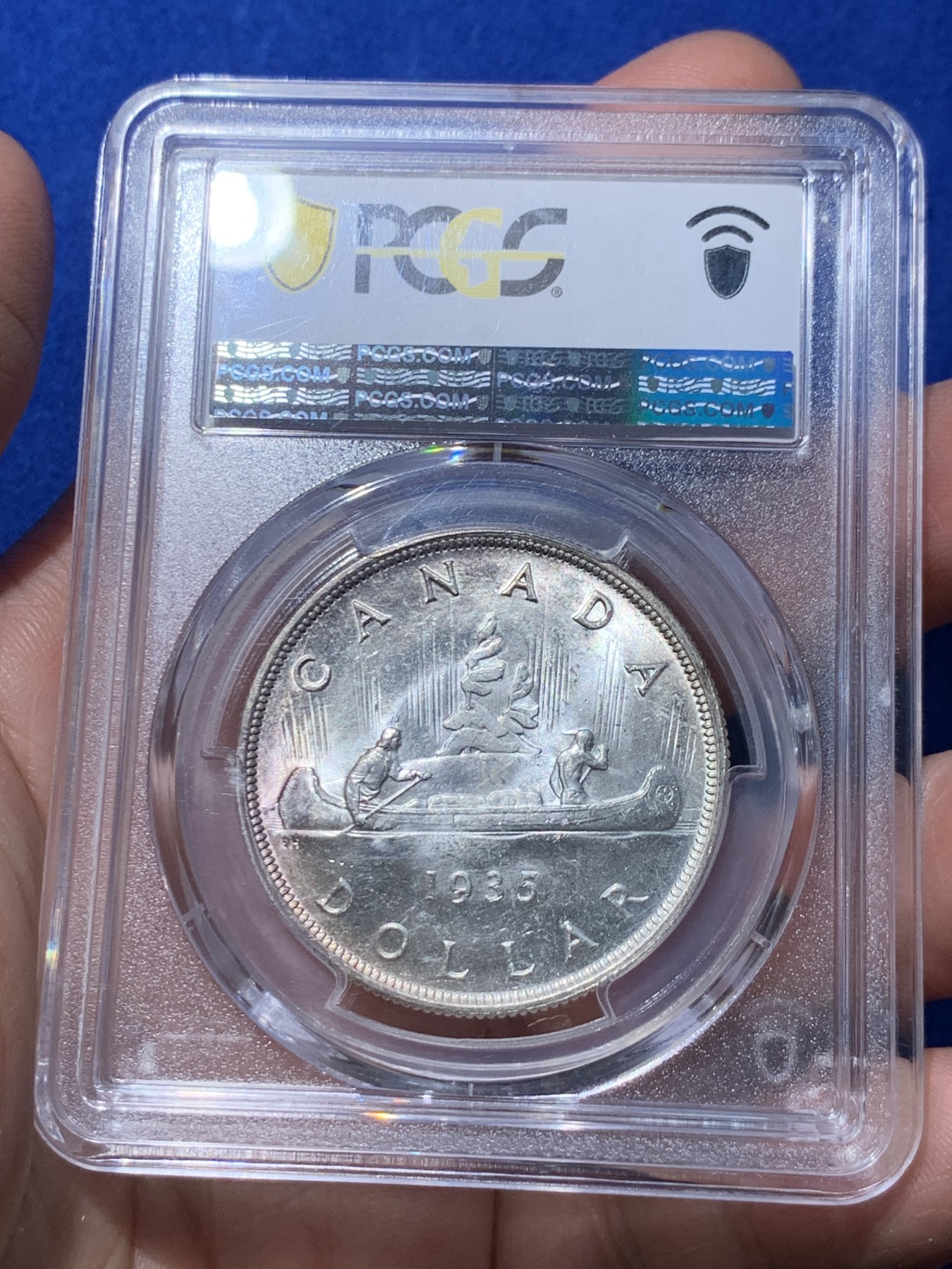 《竞宝斋》第252场-周日，周一2场连拍 (全场包邮) PCGS MS64+ 加拿大 1935年1元银币 乔五划船 经典图案 银光闪闪 顶级高分 一步到位