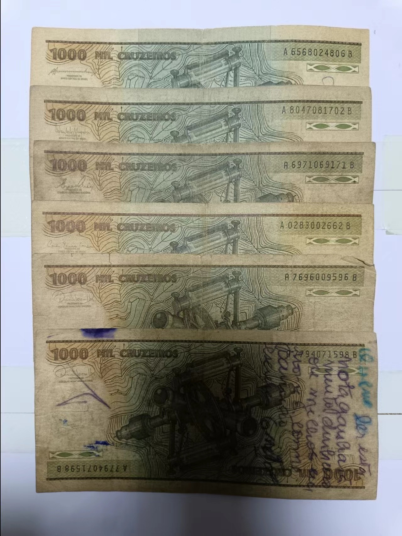 【20240328】非全新纸币第125场 巴西1000克鲁塞罗6张纸币，有裂缝和字迹