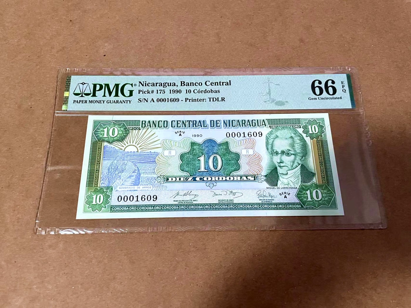 【Blue Auction】✨世界纸币精拍第454期【精】 【A冠倒置小号】尼加拉瓜 1990年10科多巴 PMG66EPQ 