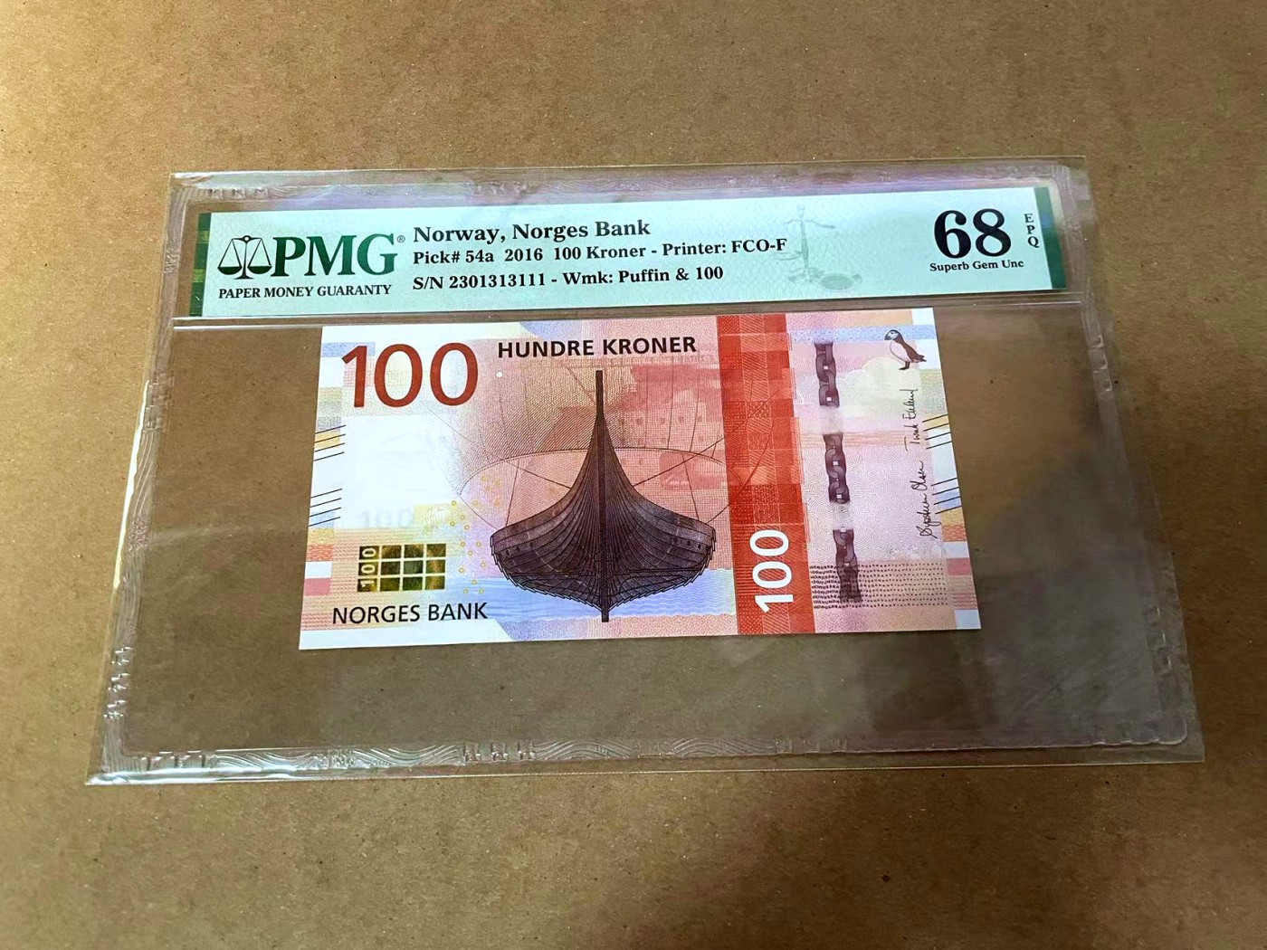 【Blue Auction】✨世界纸币精拍第454期【精】 【111豹子号无47】挪威 2016年100克朗 PMG68EPQ 超高分