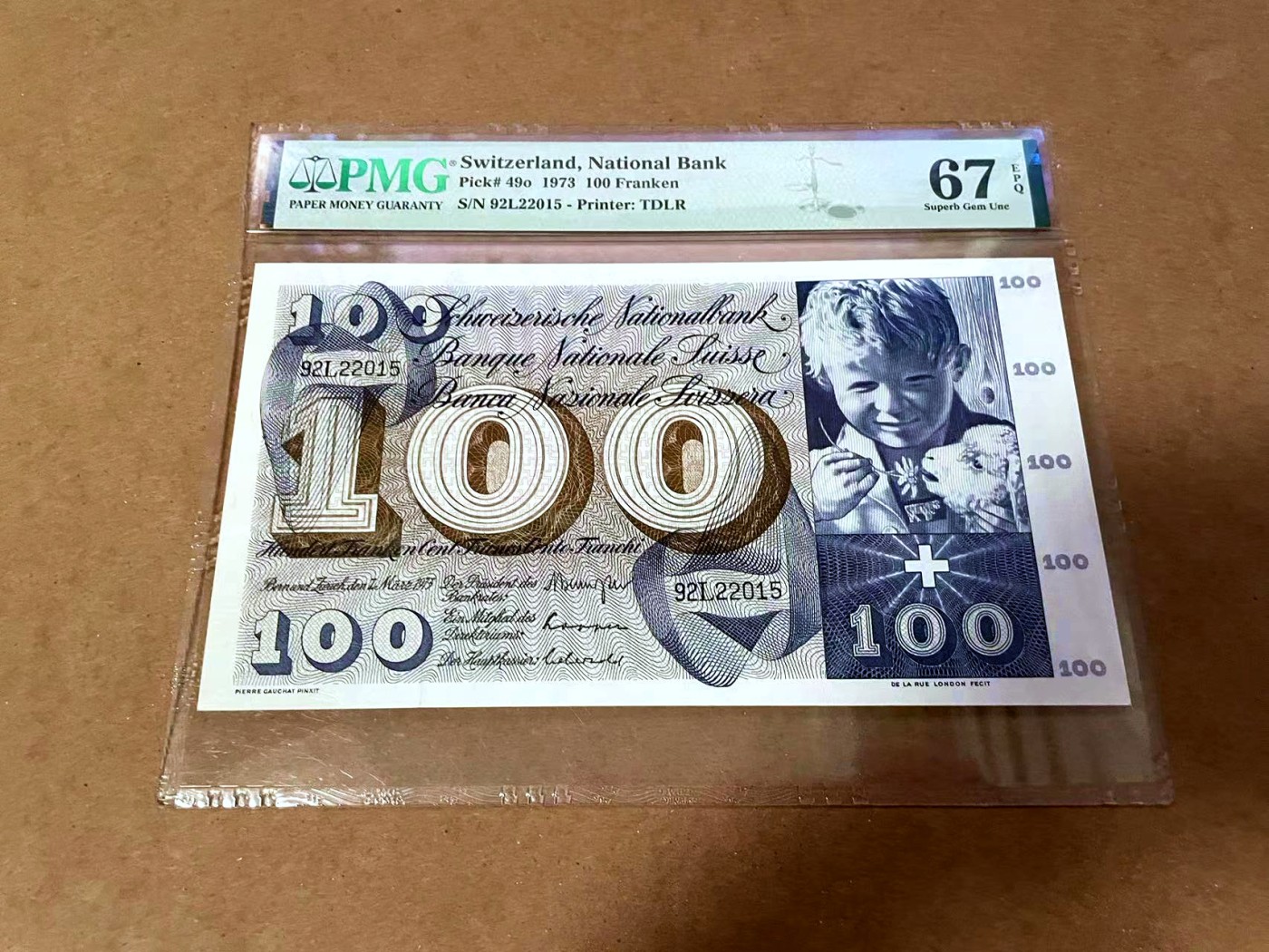 【Blue Auction】✨世界纸币精拍第454期【精】 【无47】瑞士 1973年100法郎 圣马丁割袍 PMG67EPQ 高分 大票幅