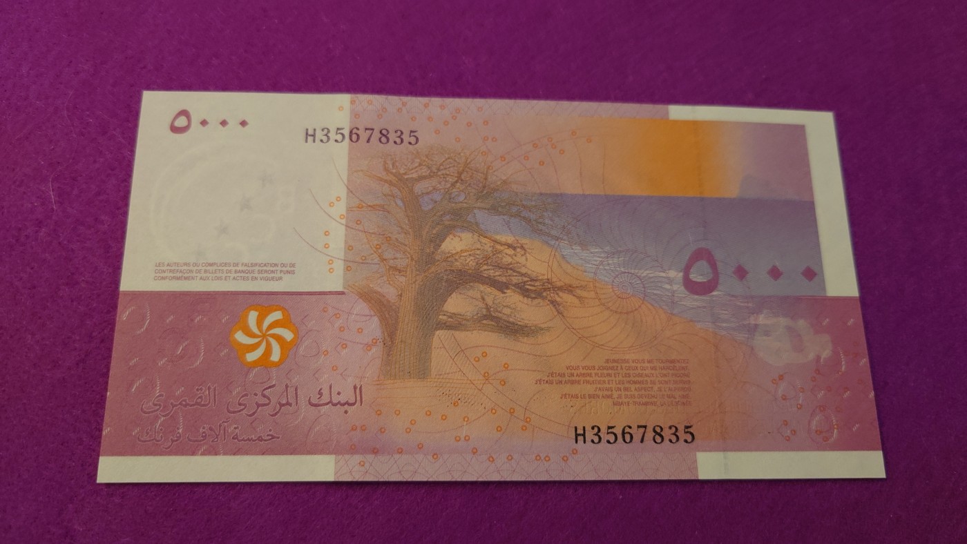 【世界钱币】精选微拍第99期暨2024年第10期  少量新品裸钞和评级币 科摩罗5000 全新绝品无4尾号875