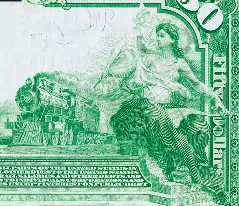 【Blue Auction】✨世界纸币精拍第454期【精】      【2625小号 手签】美国 伊利诺伊州 1902年50美金 次高值 大票幅 双面雕刻非常精美 油墨光鲜 正面人物为威廉·麦金莱总统时期的美国国务卿约翰·谢尔曼 背面大场景 露奶的缪斯女神设计非常清新甜美 工厂冒着灰烟和时代的列车标志着美国加速工业化进程 PMG50 