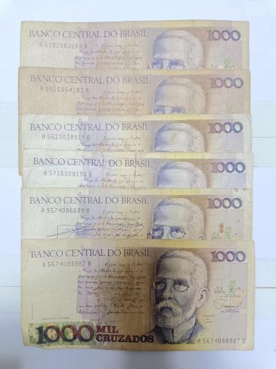 【20240328】非全新纸币第125场 - 巴西1000克鲁塞罗6张纸币，有裂缝和字迹